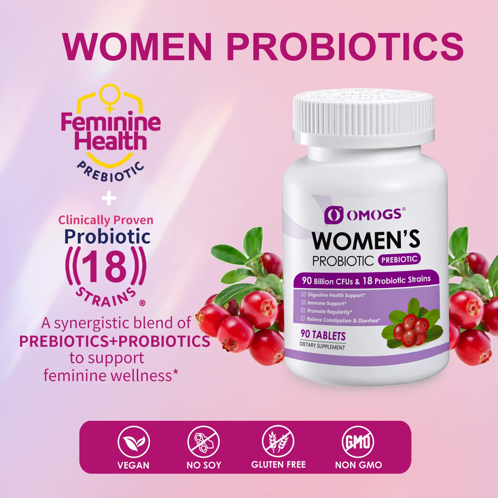 OMOGS Women's Probiotic, with Cranberry Extract, Organic Prebiotics & Vitamin C, 90 Billion CFUs,18 Strains, Help for Boost Immune, Digestive, Gut Health & Women's Health OMOGS buy supplements canada