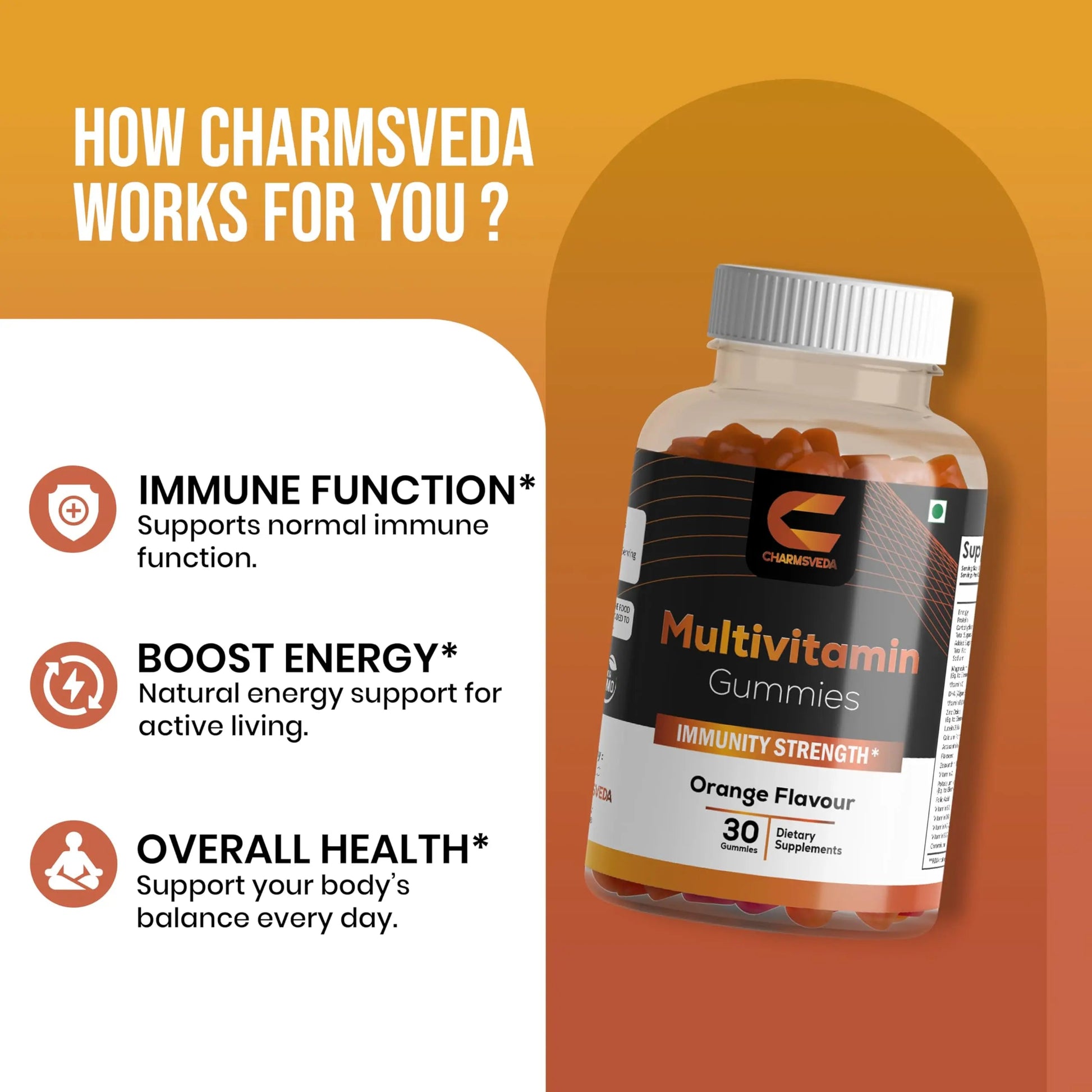 CHARMSVEDA Multivitamin Gummies – Energy, Immunity & Overall Wellness with DHA, Vitamin C, Zinc & Antioxidants – Orange Flavour – 30 Gummies CHARMSVEDA buy supplements canada