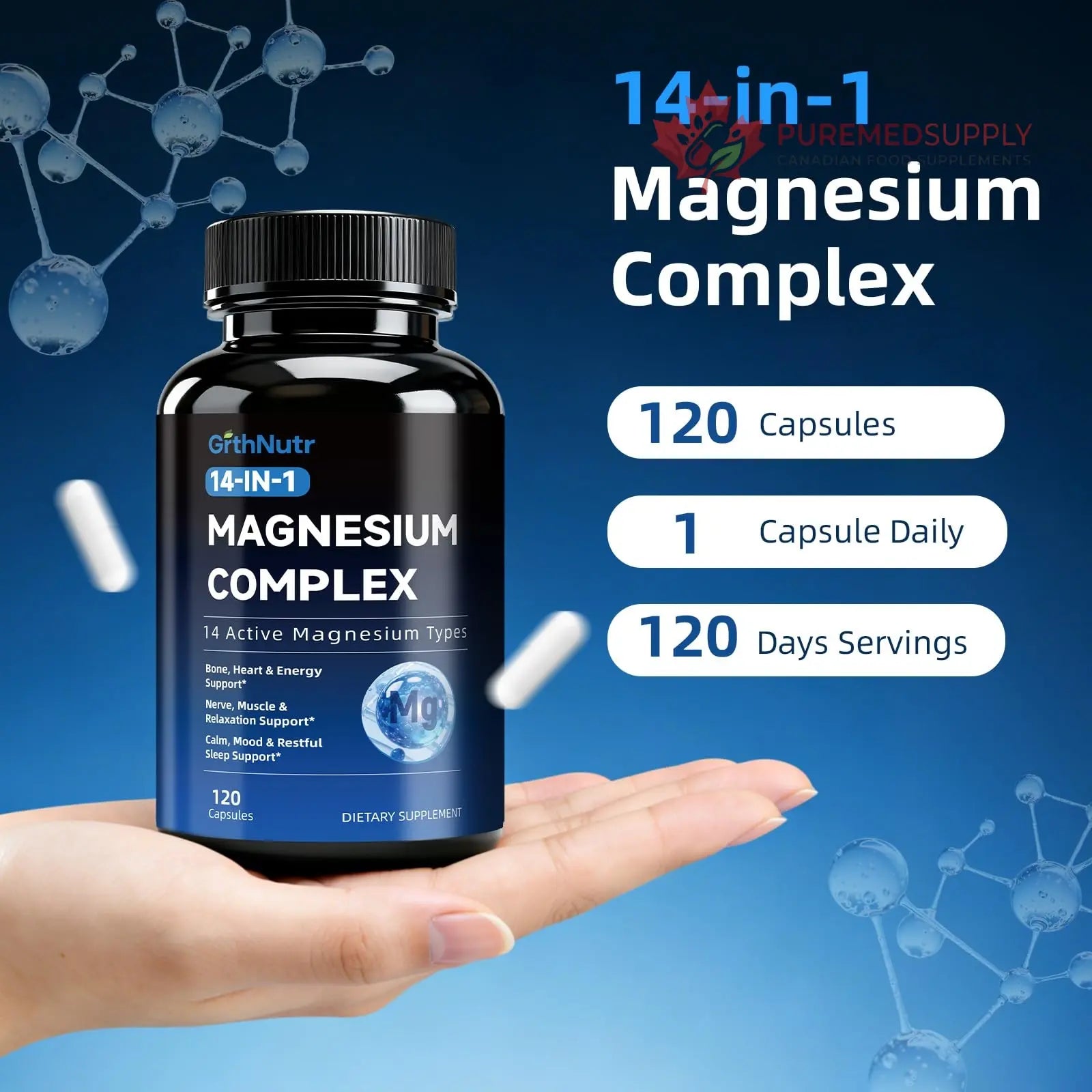 14-in-1 Magnesium Complex Supplement, 1200mg Elemental Magnesium Glycinate, Citrate, Malate, Taurate - Magnesium Complex for Women Nerves, Bone & Heart Health | Non-GMO GrthNutr buy supplements canada