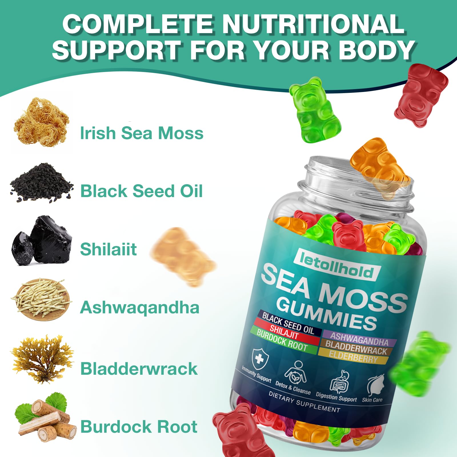 Sea Moss Gummies - Irish Sea Moss Gummies Advanced for Adults with Ashwagandha Bladderwrack & Burdock Root for Supports Immune，Energy - 60 Vegan Gummy,5PCS letollhold buy supplements canada