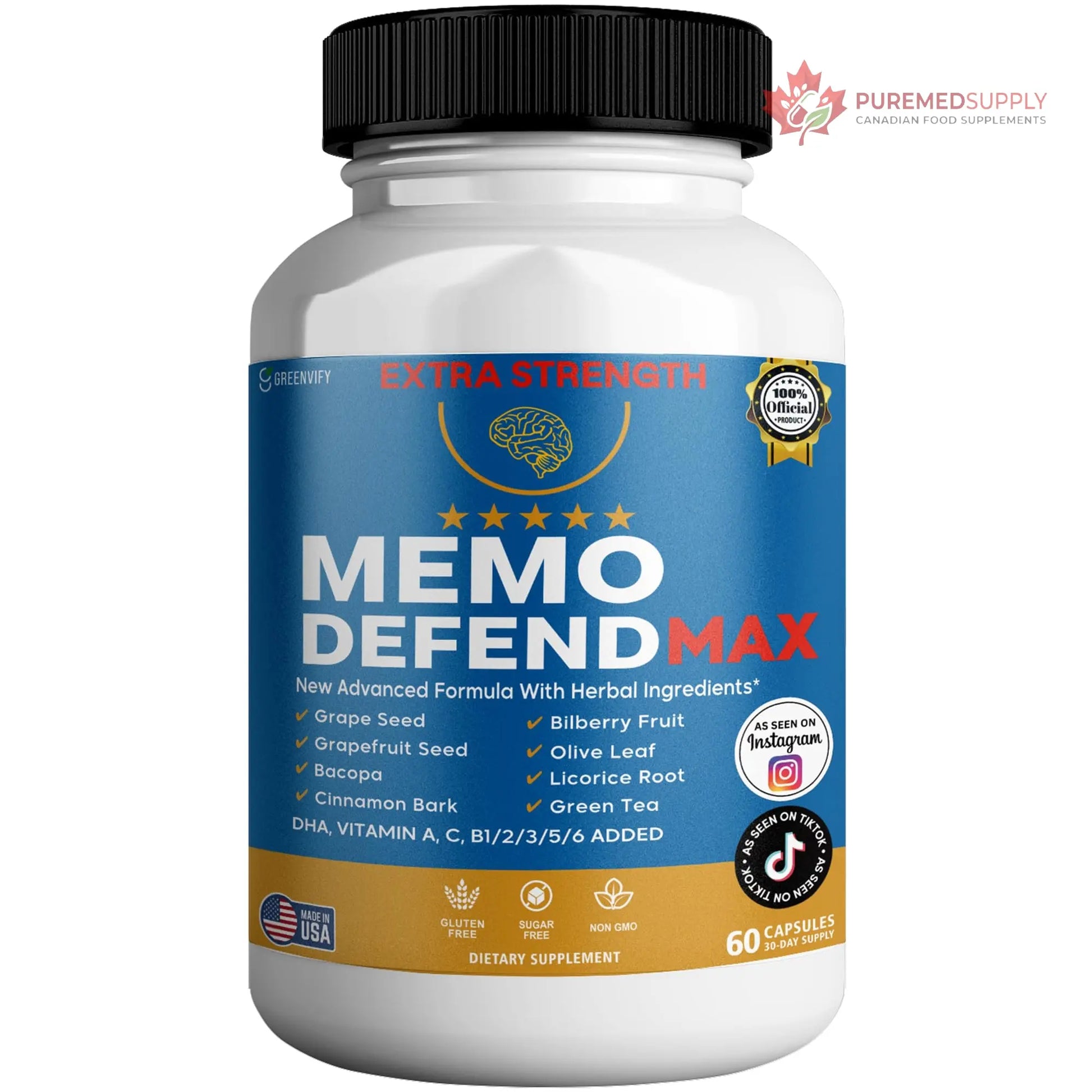 Memo Defend Max Memory Support Supplement, 60 Capsules, with Vitamins A C D E B Complex, DHA, Bacopa, Grapefruit Seed (1) GREENVIFY buy supplements canada