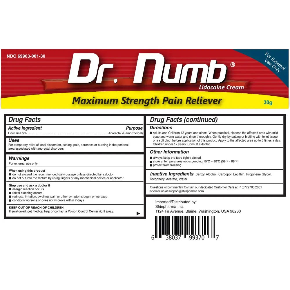 Dr. Numb 5% Lidocaine Numbing Cream, Fast-Acting Maximum Strength Topical Anesthetic Pain Relief Burn Itch Numb Cream with Vitamin E for Hemorrhoid Treatment, Local and Anorectal Uses - 30g Dr. Numb buy supplements canada