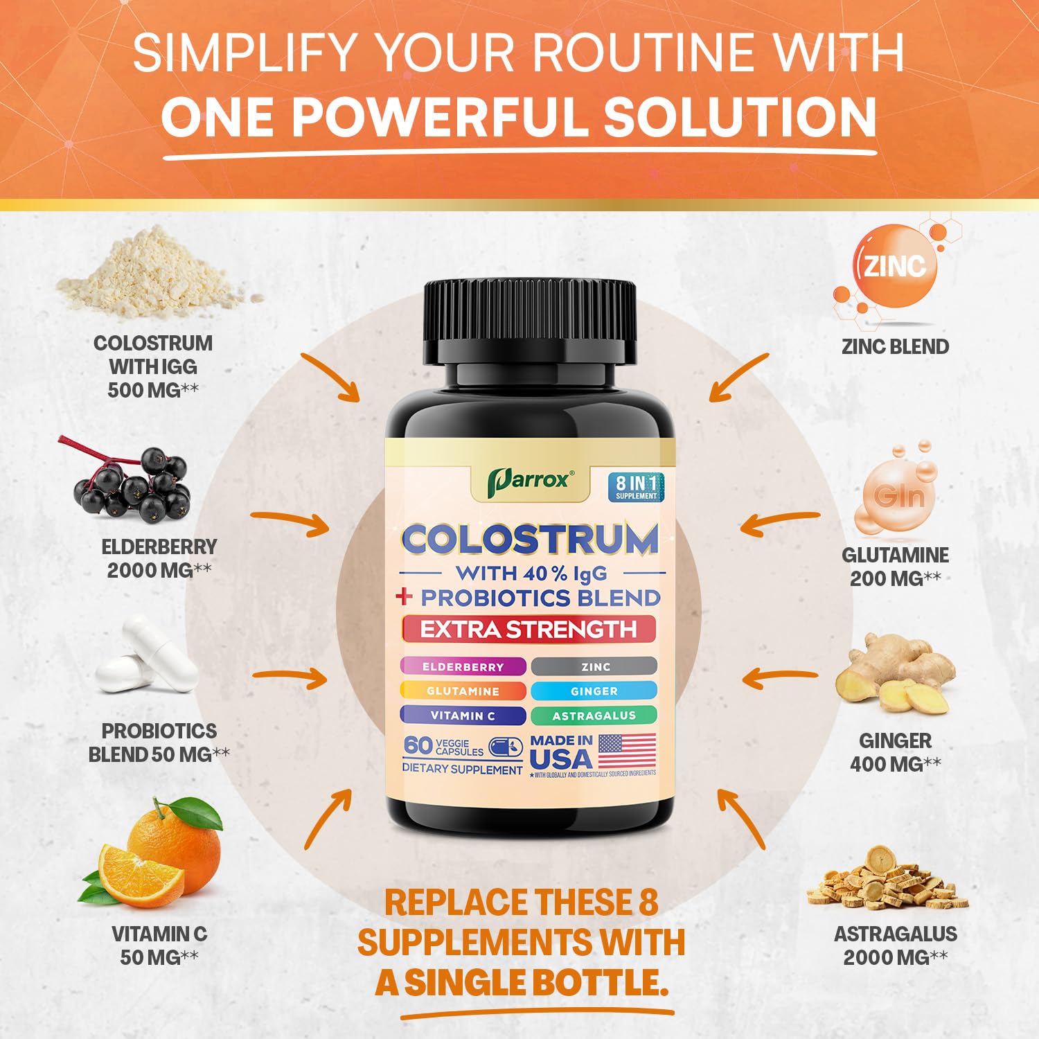 Parrox Colostrum Supplement Capsules, Grass Fed Cow Colostrum with 40% IgG, Probiotics Blend, Elderberry, Astragalus, Zinc, Ginger, Vitamin C, L-Glutamine, 8 in 1 Extra Strength Bovine Boost (60 Caps) Parrox buy supplements canada