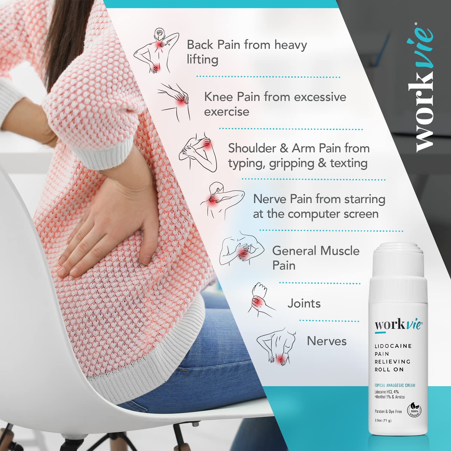 Workvie Lidocaine Pain Relief Roll On 2 Pack & Easy Reach Applicator Tool – Fast Acting Topical Lidocaine Maximum Strength with Arnica Montana & Aloe Vera for Muscles, Joints, Back, Neck & Feet Workvie buy supplements canada