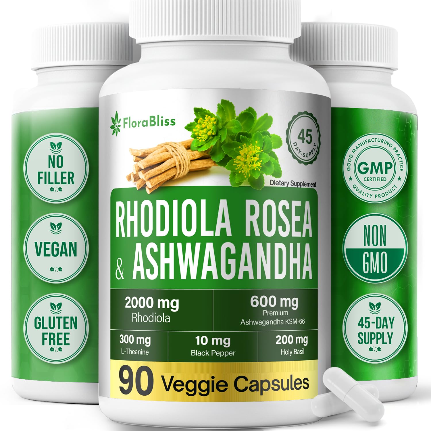 FloraBliss Rhodiola Rosea with Ashwagandha KSM-66, L-Theanine, Holy Basil & Black Pepper - 90 High Potency Vegan Capsules - 45-Day Supply FloraBliss buy supplements canada