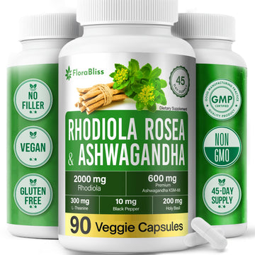 FloraBliss Rhodiola Rosea with Ashwagandha KSM-66, L-Theanine, Holy Basil & Black Pepper - 90 High Potency Vegan Capsules - 45-Day Supply FloraBliss buy supplements canada