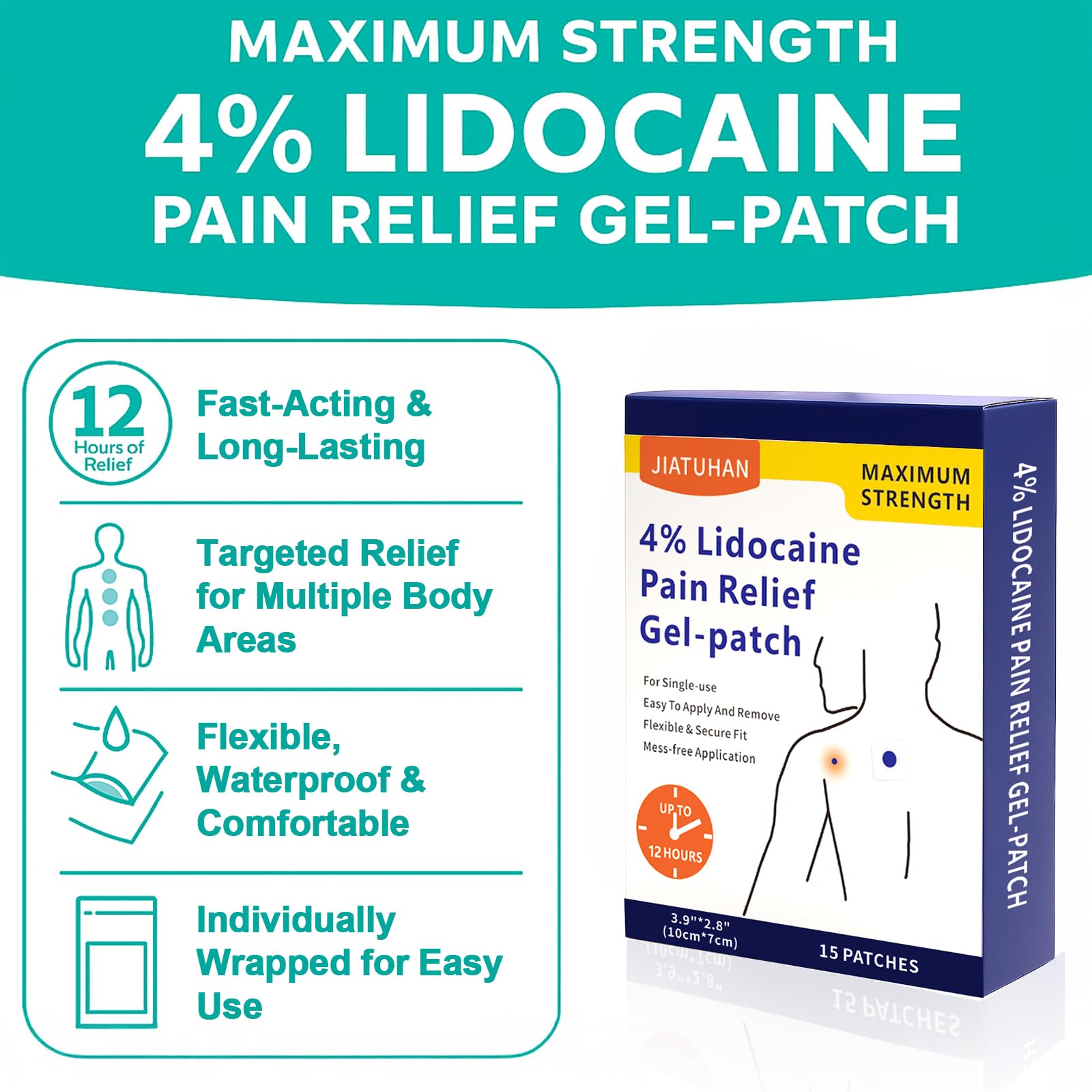 JIATUHAN 4% Lidocaine Pain Relief Patches – Maximum Strength for Back, Neck, Joint & Muscle Pain – Long-Lasting & Flexible – 15 Patches JIATUHAN buy supplements canada