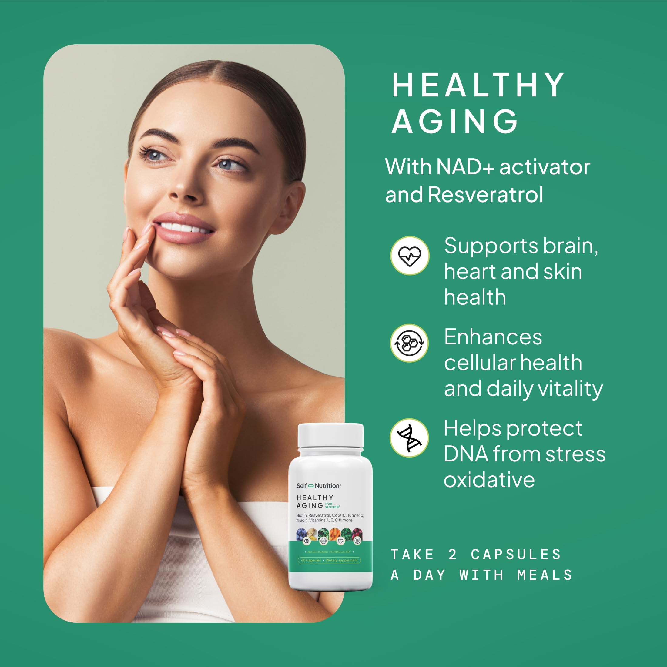 SELF NUTRITION NAD+ Resveratrol Supplement for Women – Healthy Aging Formula with CoQ10, Biotin, Turmeric & Vitamins A, C, E – Supports Energy, Skin & Longevity – 60 Capsules. Made in USA. SELF NUTRITION buy supplements canada