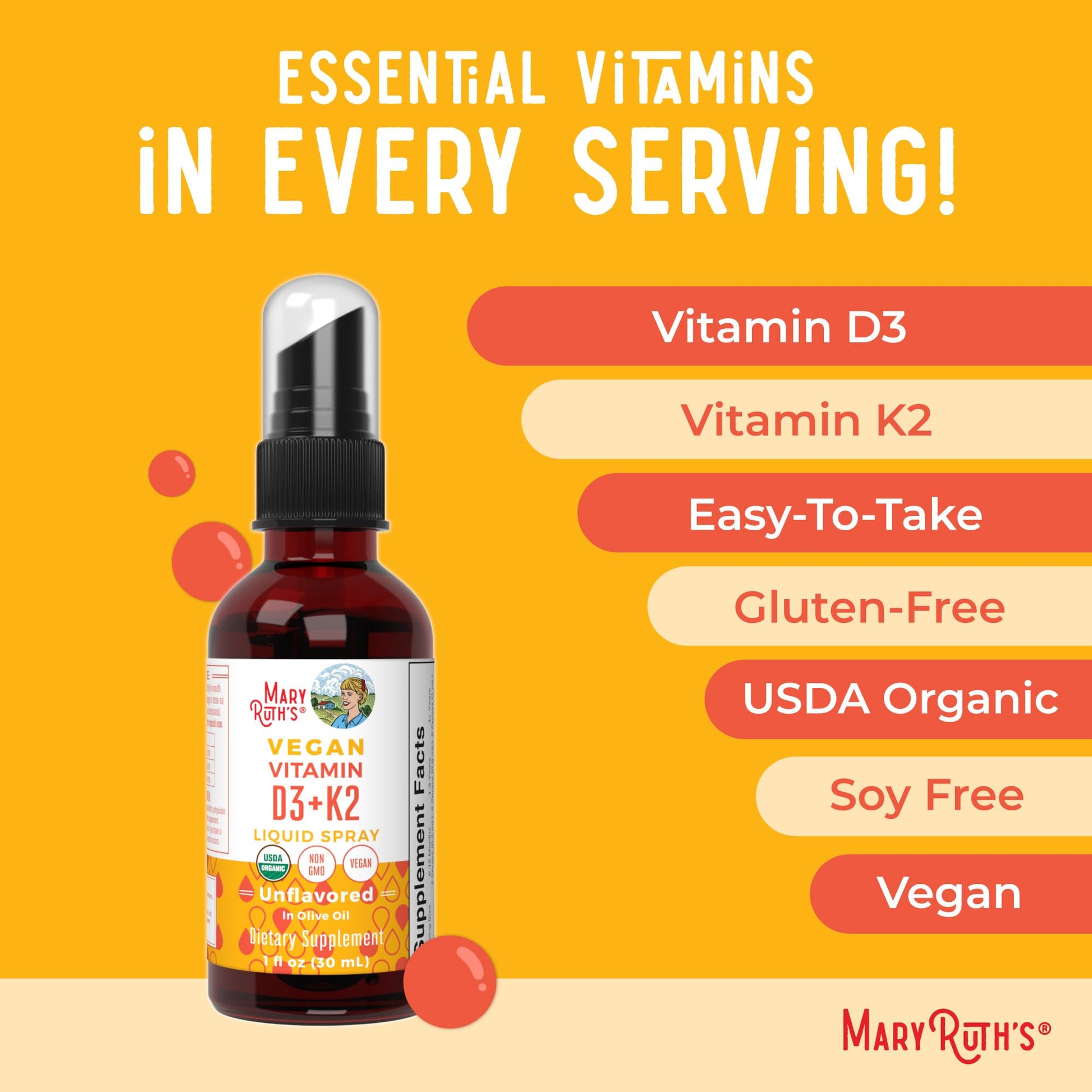 MaryRuth's Organic D3 + K2 Spray for Adults & Kids for Bone Health | Vitamin D3 as Cholecalciferol | Vitamin K2 | Immunity | Mineral Absorption | Heart Health | Vegan | Non-GMO | Gluten Free | 1 Fl Oz MARYRUTH'S buy supplements canada