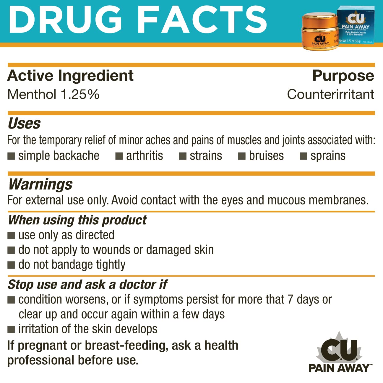 Arthritis Pain Relief Cream - C.U. Pain Away. Reduce Inflammation, Improve Mobility, Rapid Relief. Effective Muscle and Joint Pain Relief. All-Natural Ingredients. C.U. Pain Away buy supplements canada