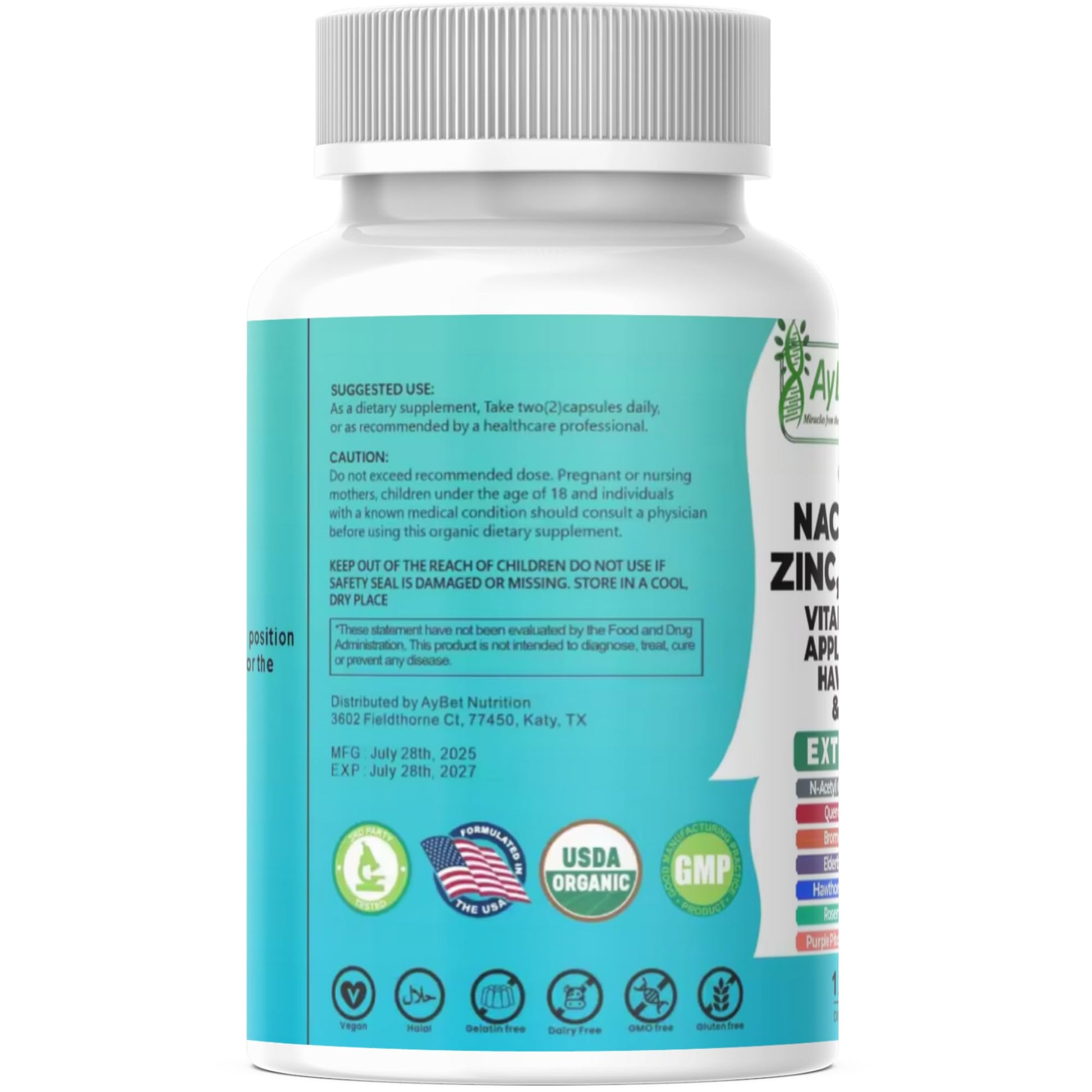 NAC-n-acetyl cysteine- Quercetin Zinc Bromelain Supplement | Extra Strength with Vit C, D3, Apple Cider Vinegar, Elderberry, Hawthorn Berry, Turmeric | Immune Support|120 Vegan Capsules | USDA Organic AyBet buy supplements canada