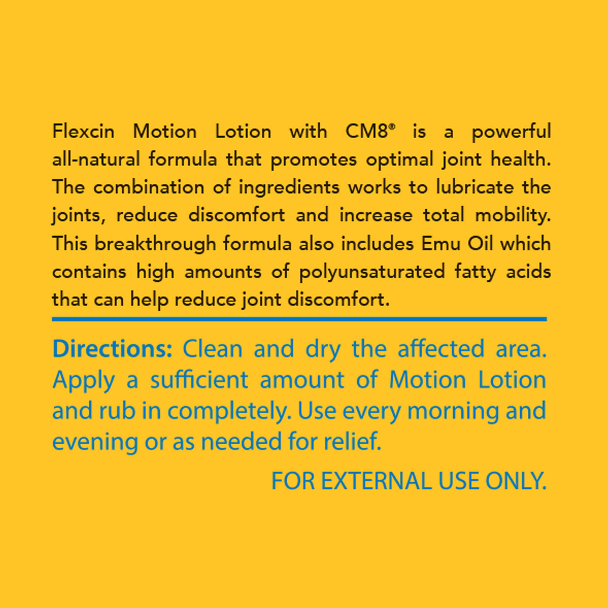 Flexcin Motion Lotion with CM8 - Joint & Muscle Therapy Cream for Back, Neck, Knee, Hand, Foot - Fast Absorbing with DMSO, Emu Oil, Aloe Vera - Non-Greasy 4oz Jar Flexcin buy supplements canada