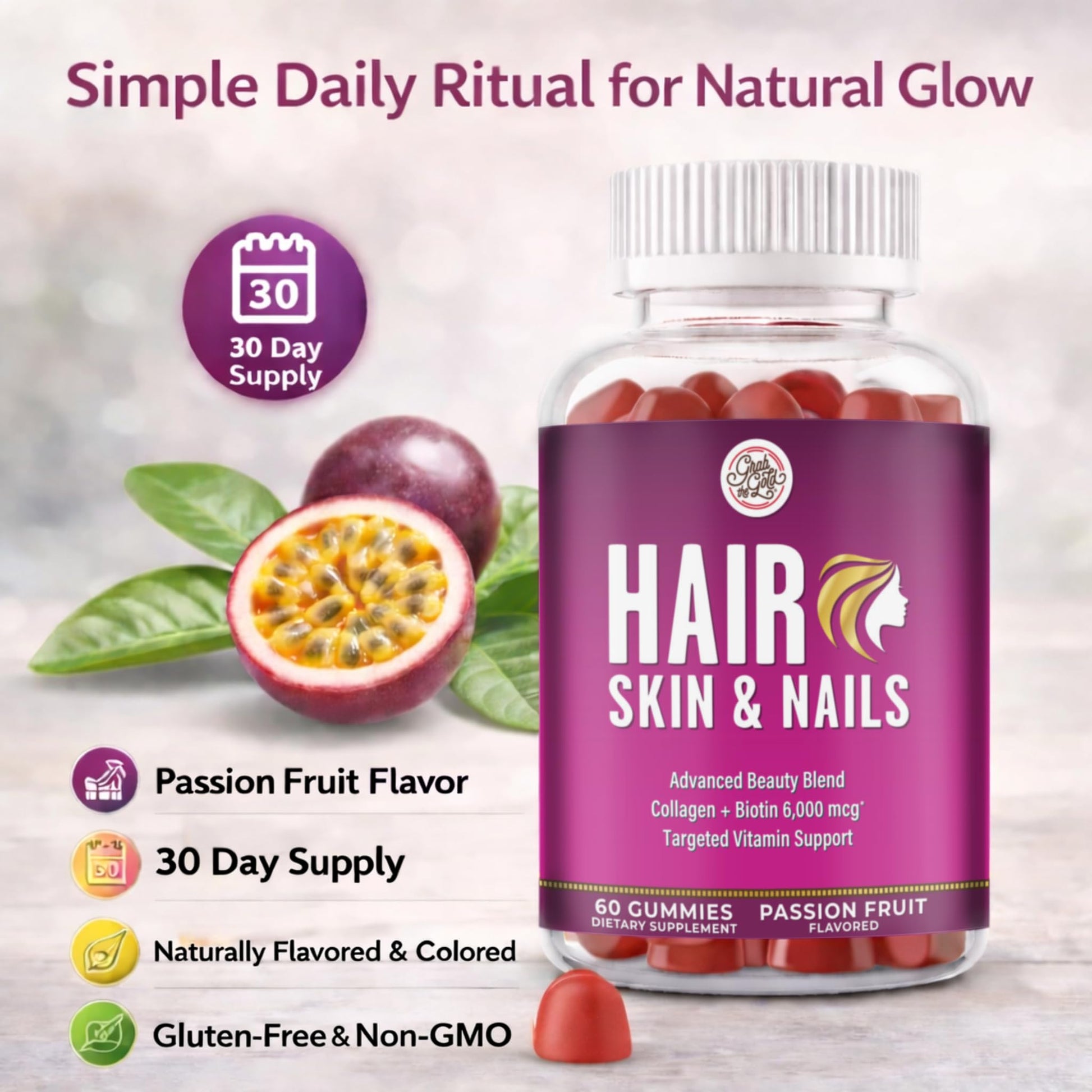 Grab The Gold Hair Skin & Nails Vitamins for Women | Gummies with 6000mcg Biotin & Collagen | 10 Essential Vitamin & Minerals | Gluten-Free, Non-GMO, Passion Fruit Flavor | 1 Month Supply, Made in USA Grab The Gold buy supplements canada