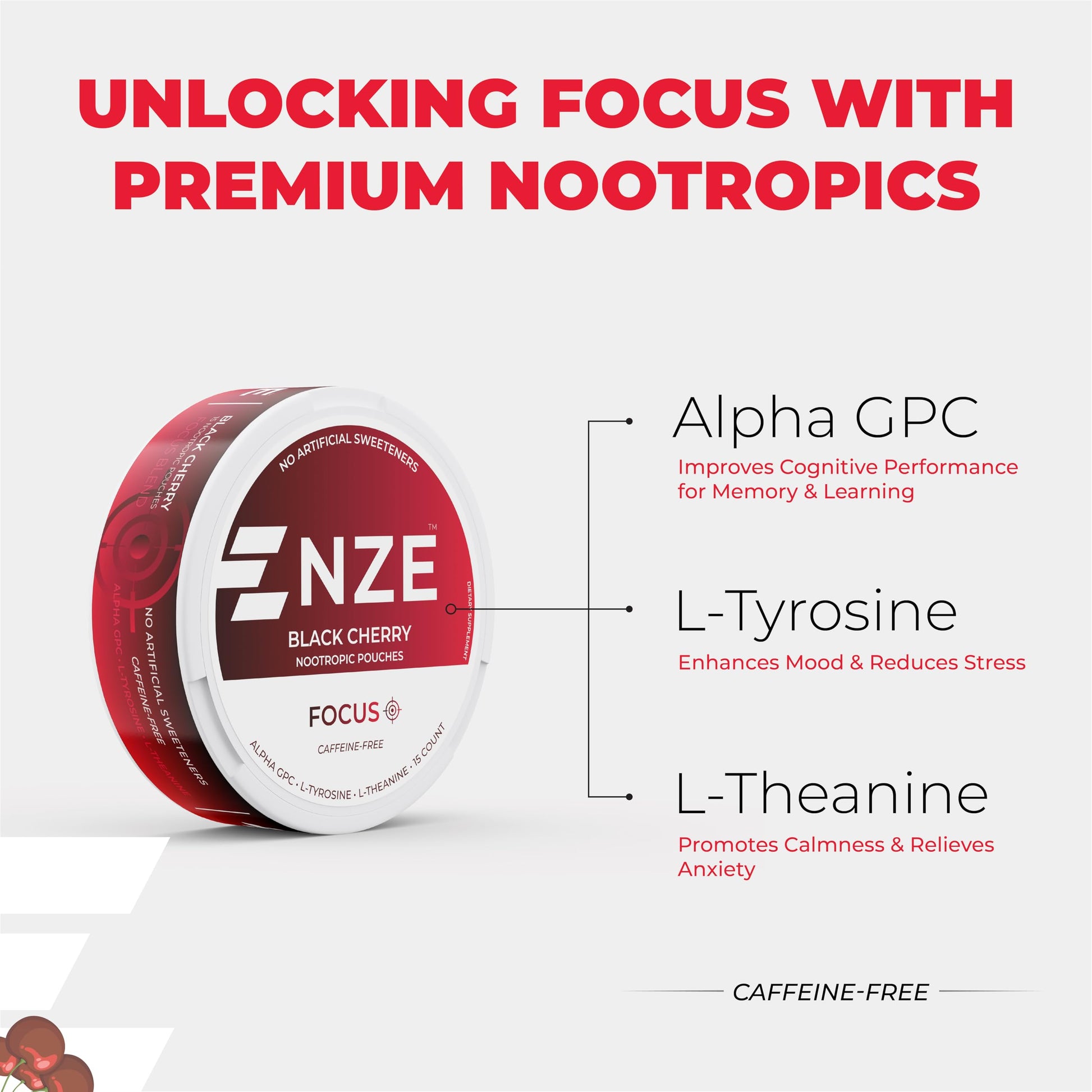NZE Caffeine Free Nootropic Pouches (Black Cherry) - Nootropic Pouches with Alpha GPC, L-Tyrosine & L-Theanine - No Sugar or Artificial Sweeteners - 15 Pouches Per Can - 5 Pack NZE buy supplements canada
