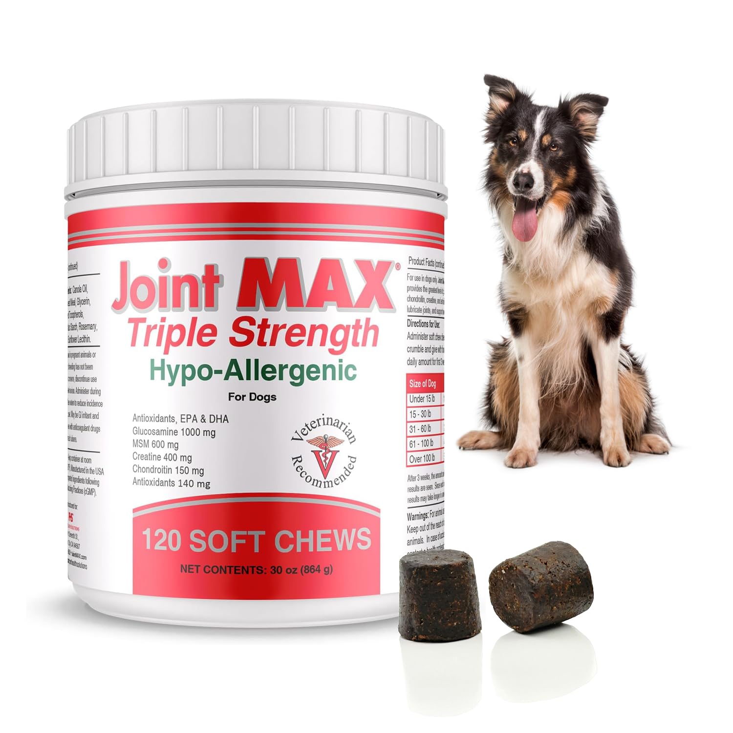 Joint MAX Triple Strength Hypo-Allergenic Soft Chews for Dogs - Hip and Joint Support Supplement with Glucosamine, Chondroitin, & MSM - Made in The USA - 120 Soft Chews Joint Max buy supplements canada