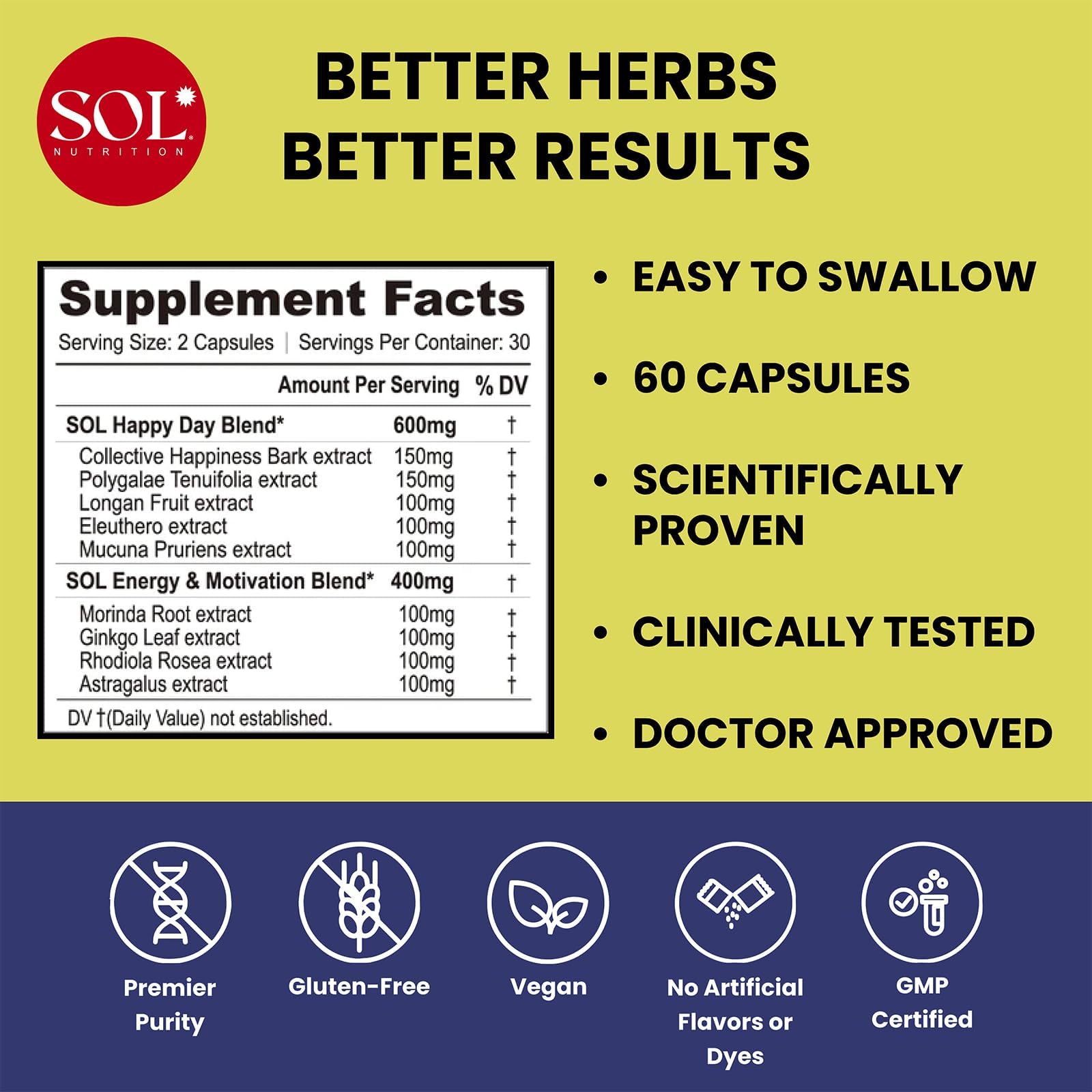 Sol Nutrition Happy Day Supplement: Combining The Natural Herbal Properties of Collective Happiness Bark, Astragalus, and Gingko Biloba to Support a Healthy Lifestyle - 60 Easy to Swallow Capsules Sol Nutrition buy supplements canada