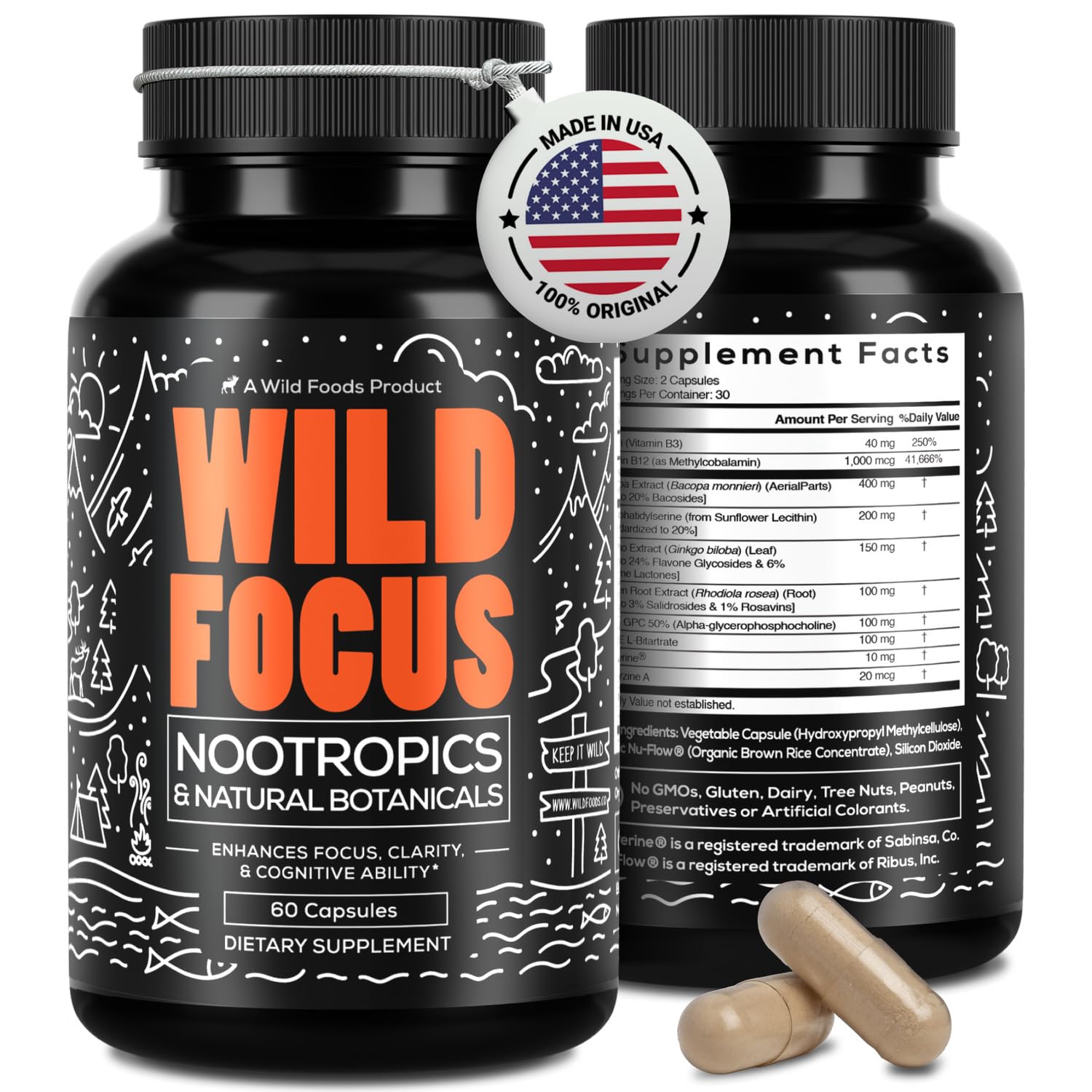 Wild Focus Brain Supplements | Caffeine-Free, Plant-Based Botanicals | Lions Mane, Ginkgo Biloba, Bacopa Monnieri, Lemon Balm | 100% Natural Nootropic | 60 caps Wild Foods buy supplements canada
