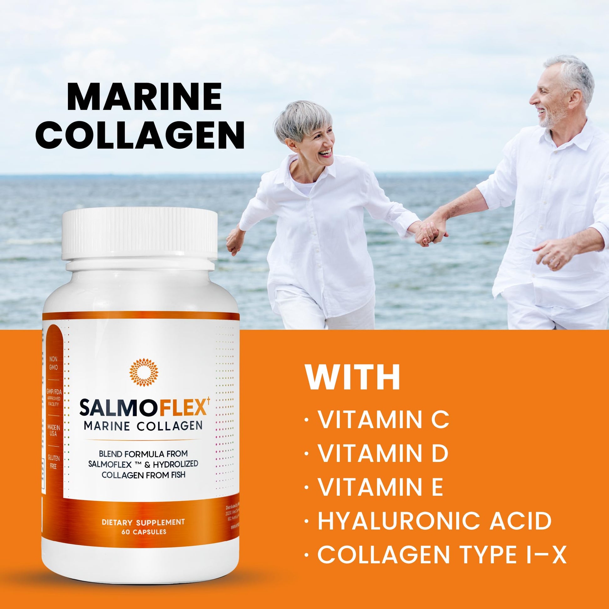 VITASEI Salmoflex Marine Collagen Peptides Pills W/Hyaluronic Acid, Vitamin C, D, E | Salmon Supplements - Hair, Skin, Nails | Multivitamin for Women & Men | Knee, Joint Relief - 60 Capsules VITASEI buy supplements canada