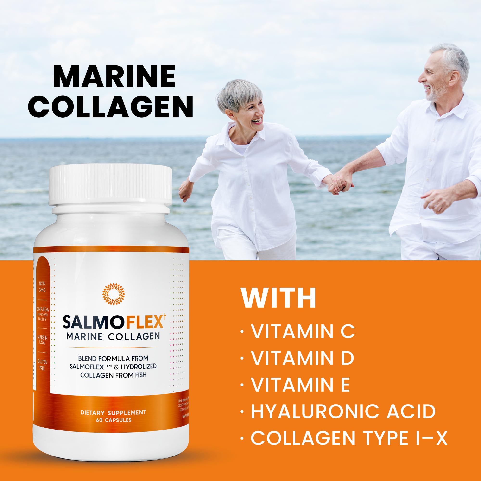 VITASEI Salmoflex Marine Collagen Peptides Pills W/Hyaluronic Acid, Vitamin C, D, E | Salmon Supplements - Hair, Skin, Nails | Multivitamin for Women & Men | Knee, Joint Relief - 60 Capsules VITASEI buy supplements canada