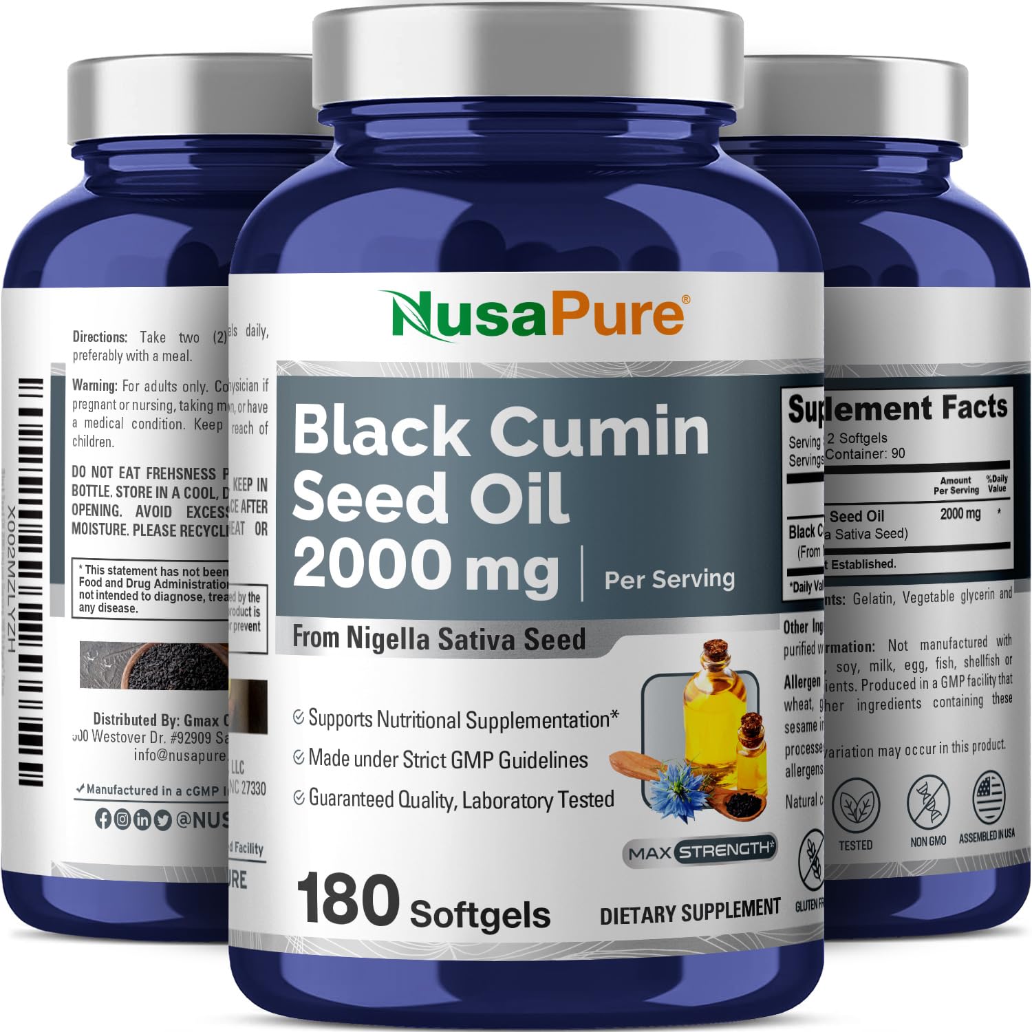 NusaPure Black Seed Oil 2000mg per Serving - 180 Softgel Caps (Non-GMO, Gluten-Free) Cold-Pressed Nigella Sativa NusaPure buy supplements canada