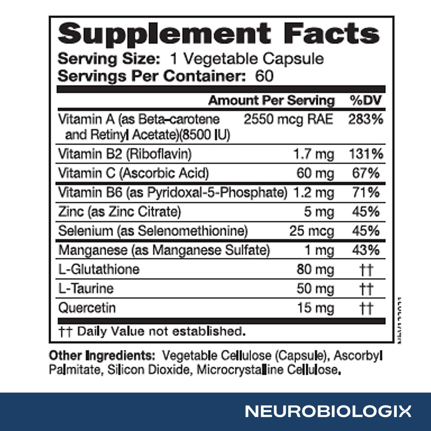 Neurobiologix Glutathione Ultra, L-Glutathione Antioxidant Complex with Vitamin C, A, B2, B6, Zinc, Selenium, Manganese, Taurine & Quercetin for Cellular Health, Gluten Free, 60 Vegetarian Capsules Neurobiologix buy supplements canada