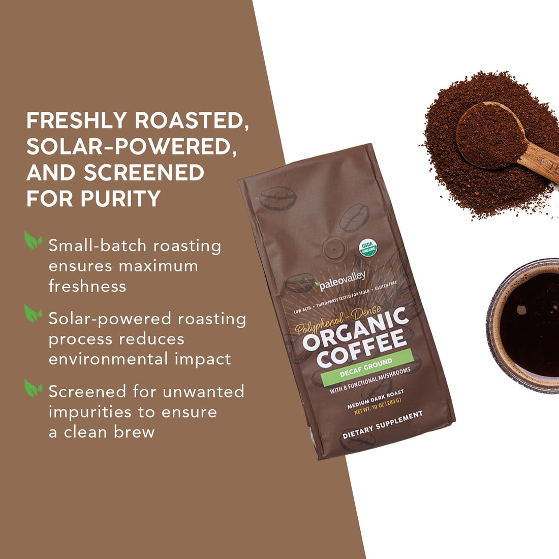 Paleovalley Organic Ground Coffee, 10oz - Decaf, Low Acid, Single-Origin, Polyphenol-Rich, Infused with Mushrooms Paleovalley buy supplements canada