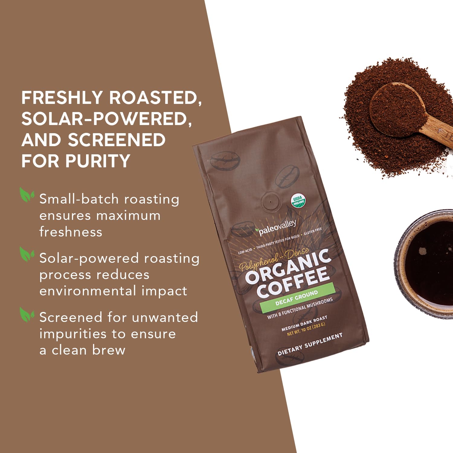 Paleovalley Organic Ground Coffee, 10oz - Decaf, Low Acid, Single-Origin, Polyphenol-Rich, Infused with Mushrooms Paleovalley buy supplements canada