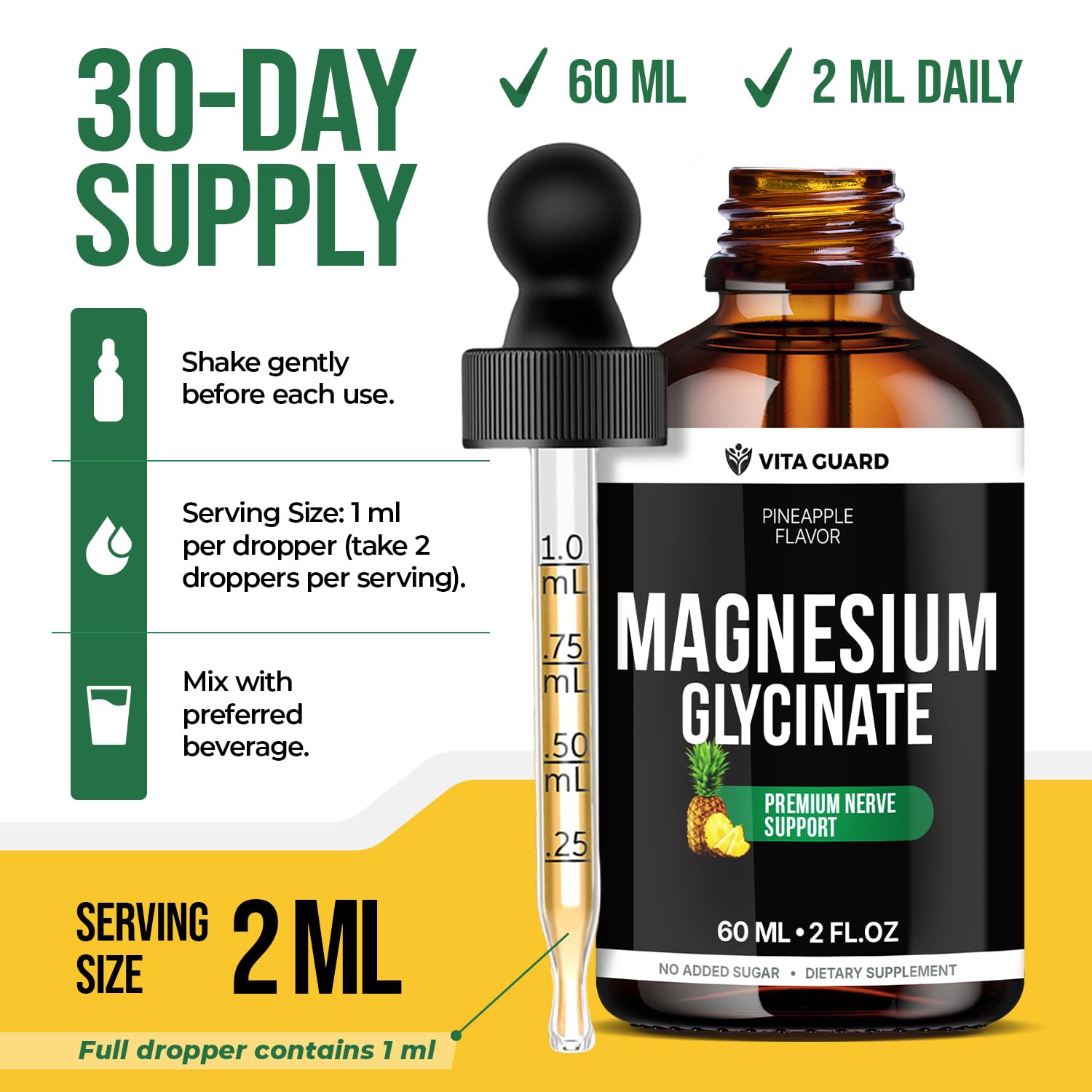 Magnesium Glycinate 500mg Liquid Drops – Sugar-Free Magnesium Supplement, Vegan Formula, 60 mL Flavor Pineapple Vita Guard buy supplements canada