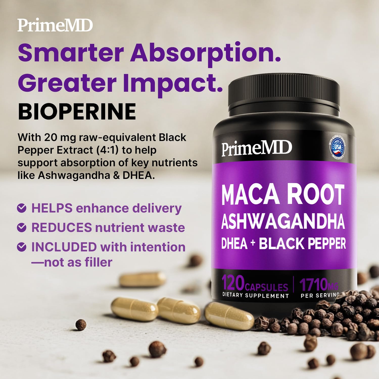 6-in-1 Organic Maca Root Ashwagandha Capsules 1710mg with DHEA and Black Pepper Fruit Extract for Women and Men - Black Maca Supplement for Stamina, Bone and Mood Support Supplement, 120ct (Pack of 3) PrimeMD buy supplements canada