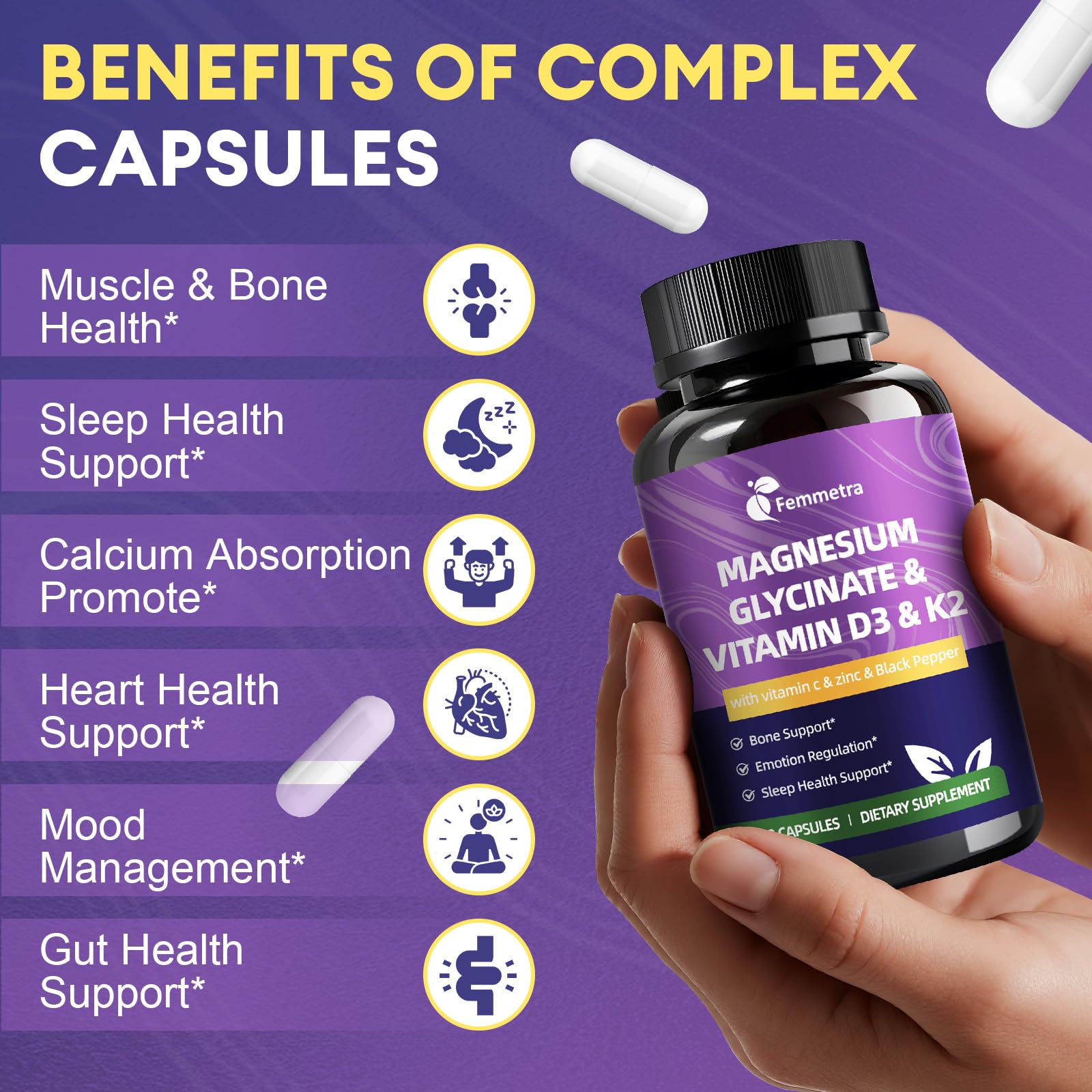 Magnesium Glycinate 600mg Vitamin D3 K2 Supplement with Vitamin C, Zinc, & Aloe Vera - Bone Support, Energy & Mood Manage & Sleep Health for Men & Women, Non-GMO, Vegan, 120 Capsules Femmetra buy supplements canada