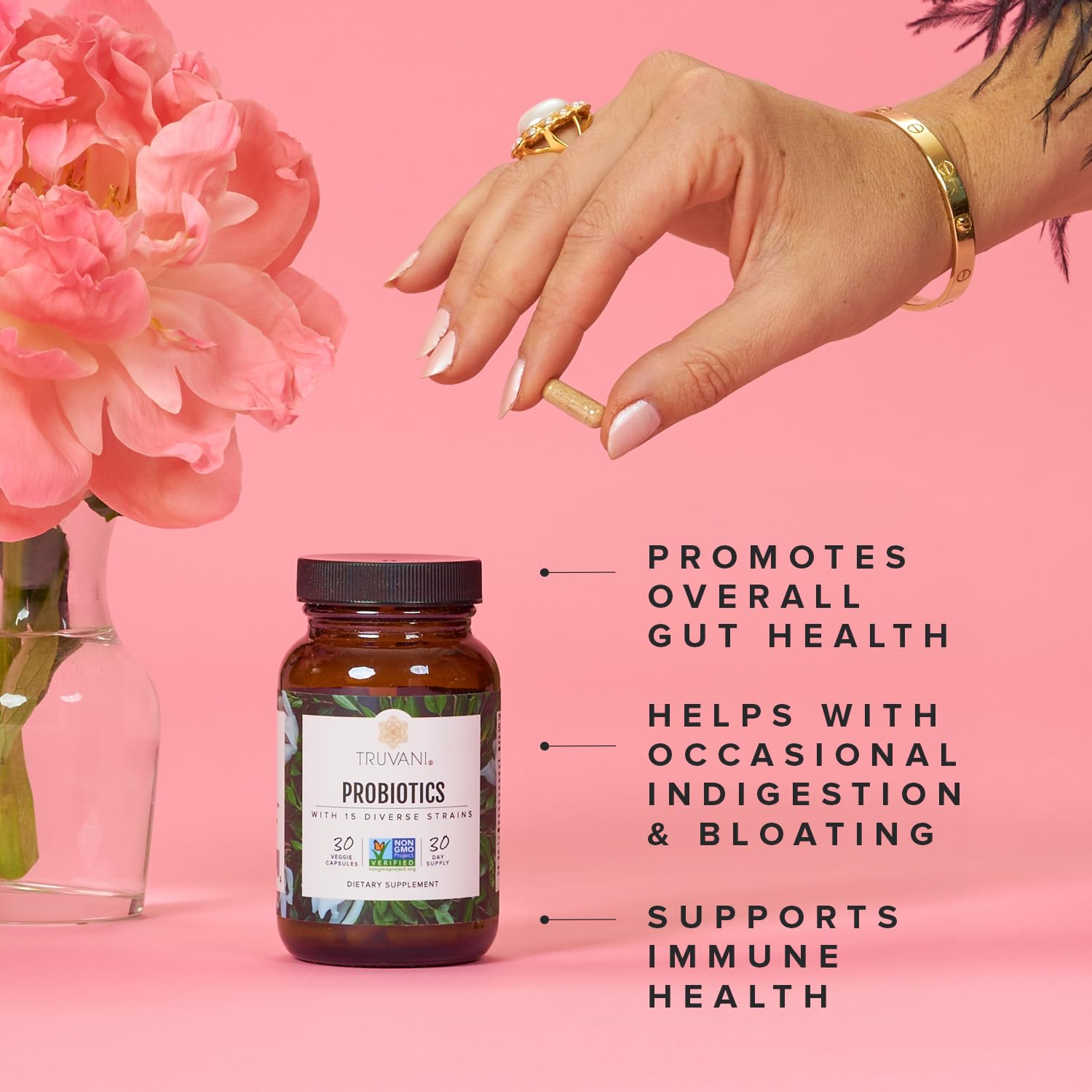Truvani Probiotic Supplement | 30 Servings | 15 Billion CFU | 15 Diverse Strains for Digestive, Immune & Brain Health Support | Shelf-Stable Vegan Capsules | Non-GMO, No Fillers Truvani buy supplements canada