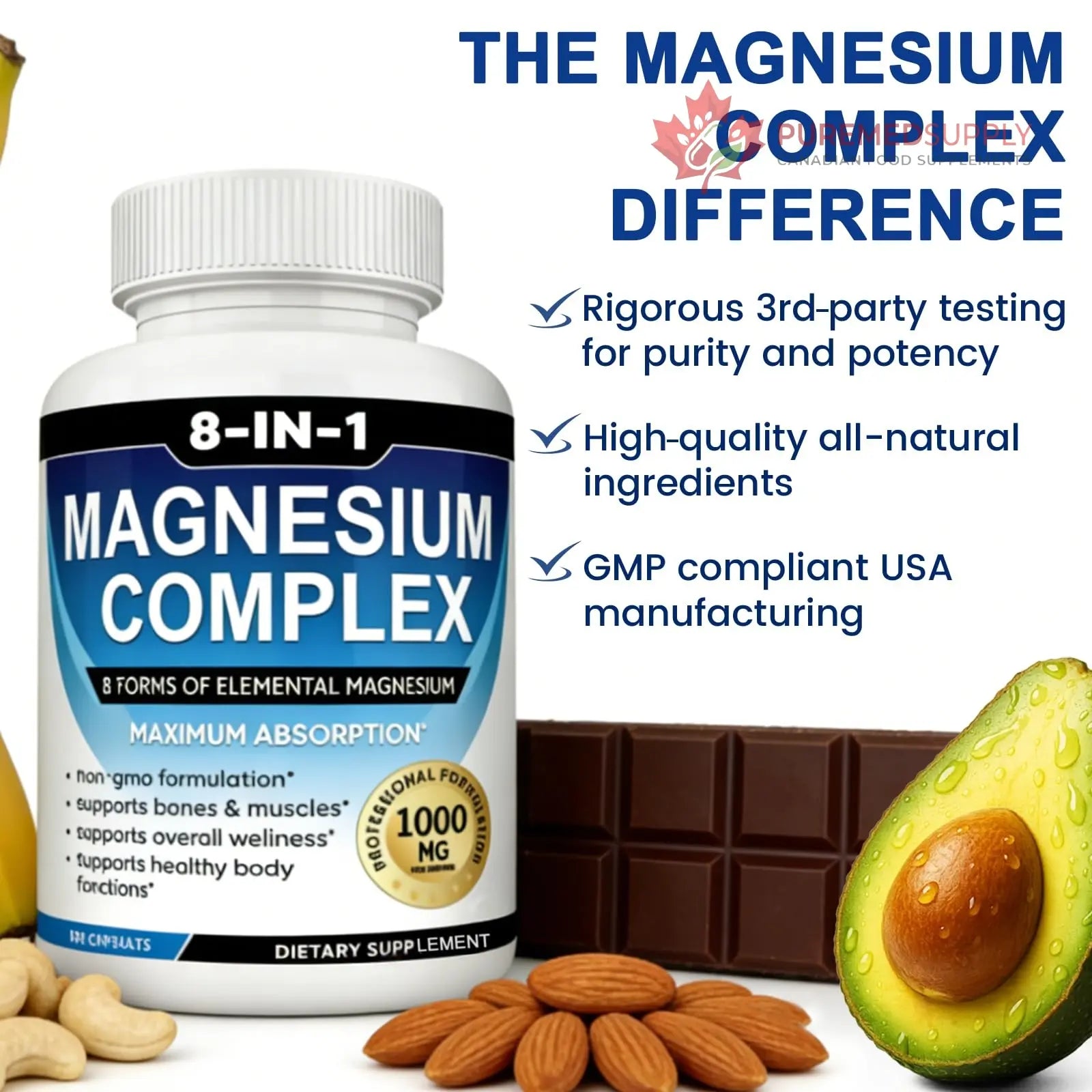 Magnesium Complex Supplement 8-in-1 Elemental 1000mg, Magnesium Glycinate, Malate & Citrate, Vegan, Non-GMO 90 Capsules MIRACLE OFFICIAL buy supplements canada