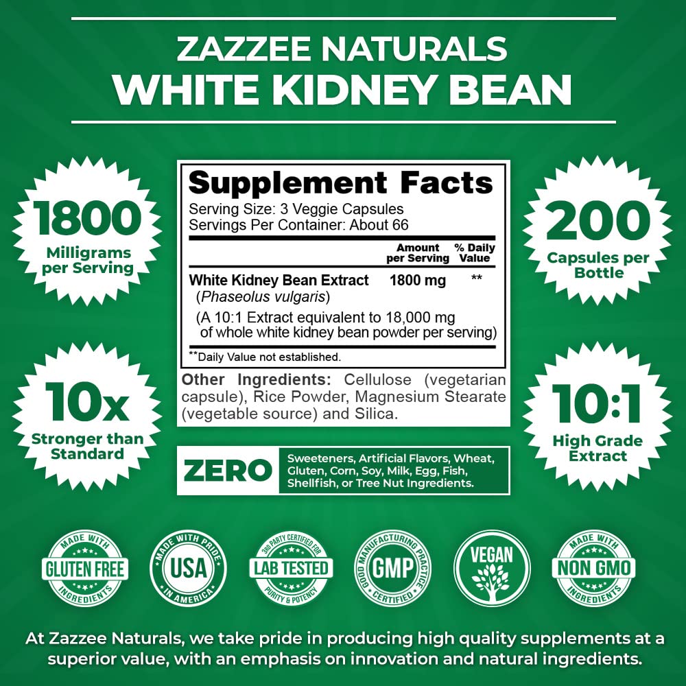 Zazzee White Kidney Bean 10:1 Extract, 18,000 mg Strength, 200 Vegan Capsules, Over 2 Month Supply Zazzee buy supplements canada