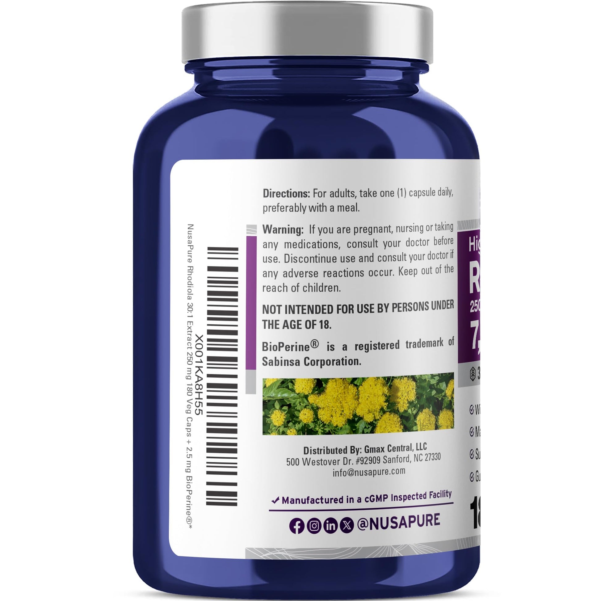 NusaPure Rhodiola Rosea 7,500mg 180 Veggie Capsules (Non-GMO, Extract 30:1, Vegan & Gluten-Free) Bioperine NusaPure buy supplements canada