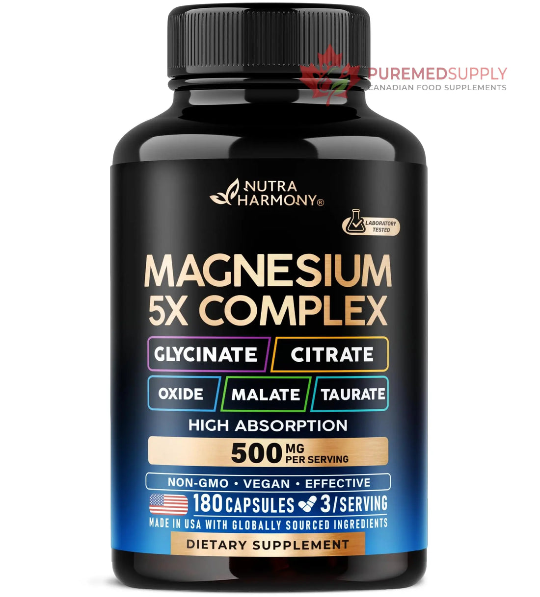 Magnesium Supplement - 5 in 1 Complex | Glycinate | Citrate | Malate | Taurate | Oxide - Made in USA - Stress, Muscle & Heart Support - Vegan, Natural, Non-GMO - 180 Capsules, 2 Month Supply NUTRAHARMONY buy supplements canada