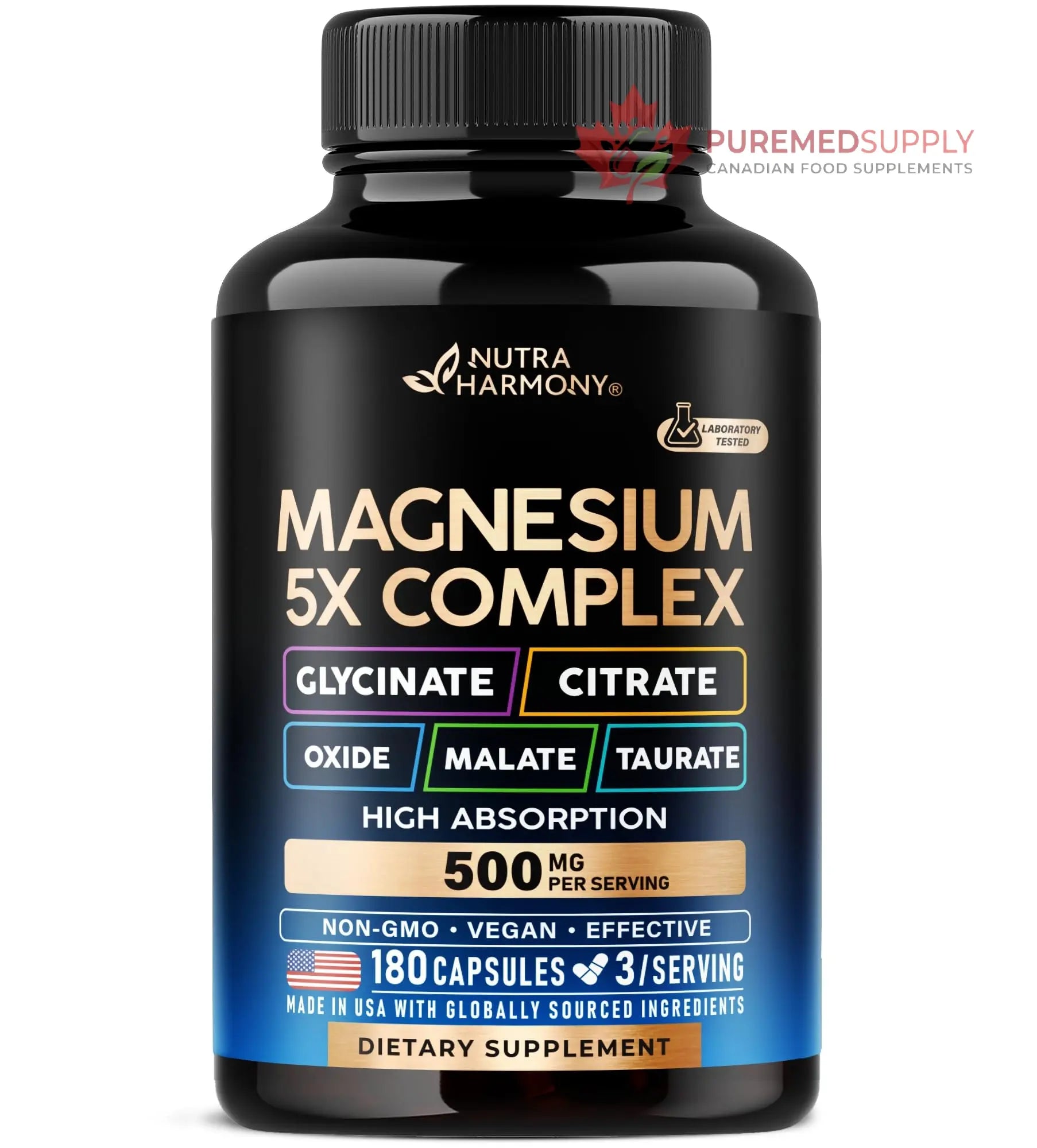 Magnesium Supplement - 5 in 1 Complex | Glycinate | Citrate | Malate | Taurate | Oxide - Made in USA - Stress, Muscle & Heart Support - Vegan, Natural, Non-GMO - 180 Capsules, 2 Month Supply NUTRAHARMONY buy supplements canada