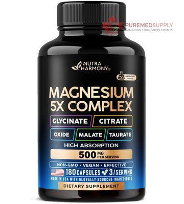 Magnesium Supplement - 5 in 1 Complex | Glycinate | Citrate | Malate | Taurate | Oxide - Made in USA - Stress, Muscle & Heart Support - Vegan, Natural, Non-GMO - 180 Capsules, 2 Month Supply NUTRAHARMONY buy supplements canada
