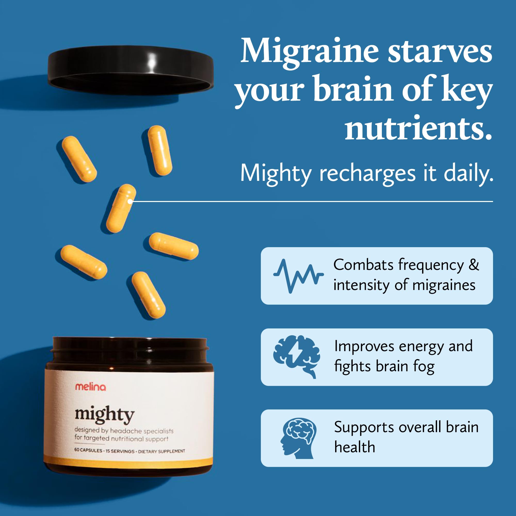 Melina Mighty Natural Migraine Relief Supplement - Magnesium, B2 Riboflavin 400mg, Feverfew, CoQ-10, ALCAR to Strengthen Migraine and Headache Prevention - 15 Servings (60 Caps) Melina buy supplements canada