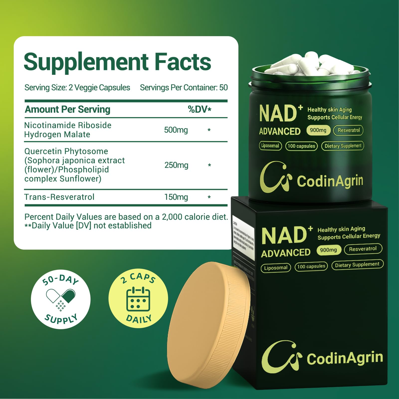 CodinAgrin NAD+ Supplement with Resveratrol 900mg Nicotinamide Adenine Dinucleotide Complex for Cellular Energy Repair, Anti-Aging & Mental Clarity Support, Non-GMO, Vegetarian Friendly, 100 Capsules CodinAgrin buy supplements canada