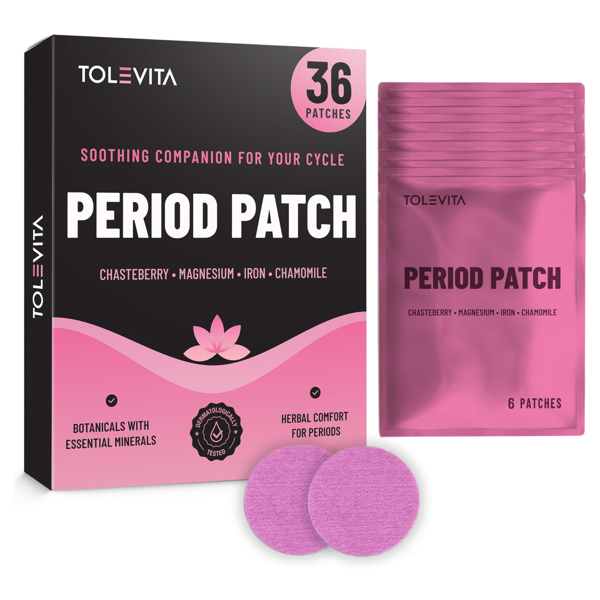 TOLEVITA Period Relief Patches 36 Pcs – Herbal Cramp Support with Chasteberry, Magnesium, Evening Primrose, Dong Quai, Curcumin, Vitamins B6 & E, Iron, Chamomile – Hormonal Balance & Menstrual Comfort TOLEVITA buy supplements canada