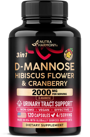 D-Mannose 2000mg with Cranberry & Hibiscus - Clinically Tested Strength for Urinary Tract Health - Supplement for Women - Bladder, Liver & Microflora Support - Made in USA - Vegan, 120 Capsules NUTRAHARMONY buy supplements canada