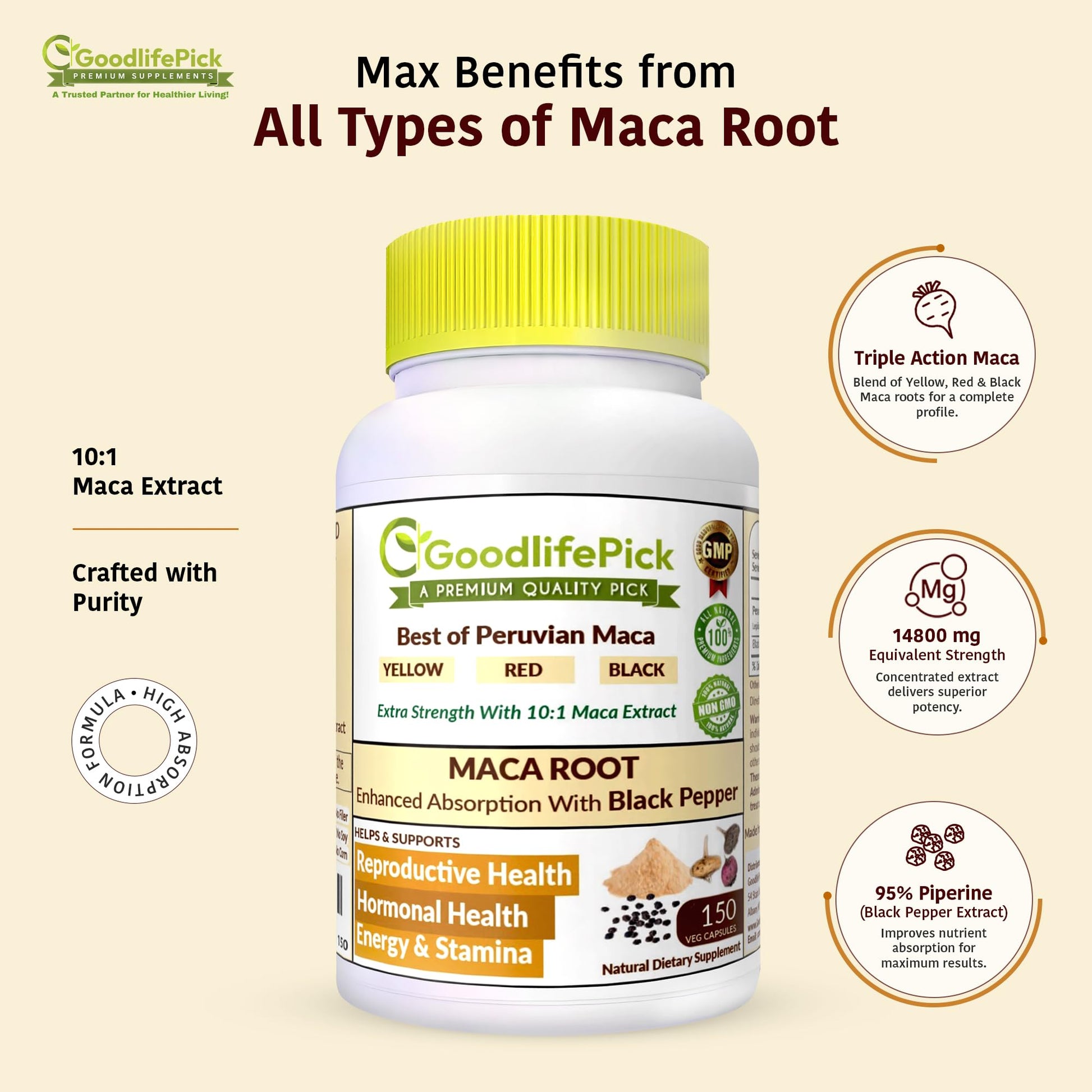 Peruvian Maca Root Capsules 150 ct. Powerful Maca Blend of Yellow Red & Black Maca Root with Black Pepper. All Natural NonGMO Vegan No Stearate No Rice Powder No Silica No Filler GoodlifePick buy supplements canada