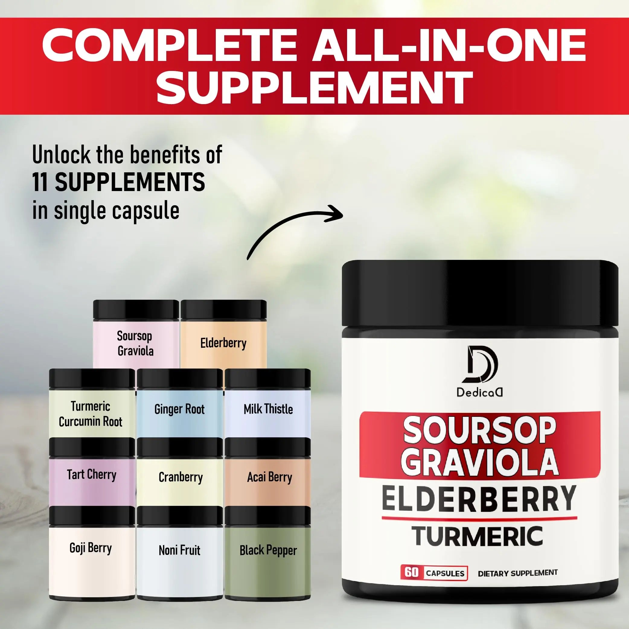 DEDICAD 11in1 Graviola Soursop Capsules - Blended with Elderberry, Turmeric, Ginger, Milk Thistle, Cranberry & More - Support Positive Mood, Immune System & Body Management DEDICAD buy supplements canada