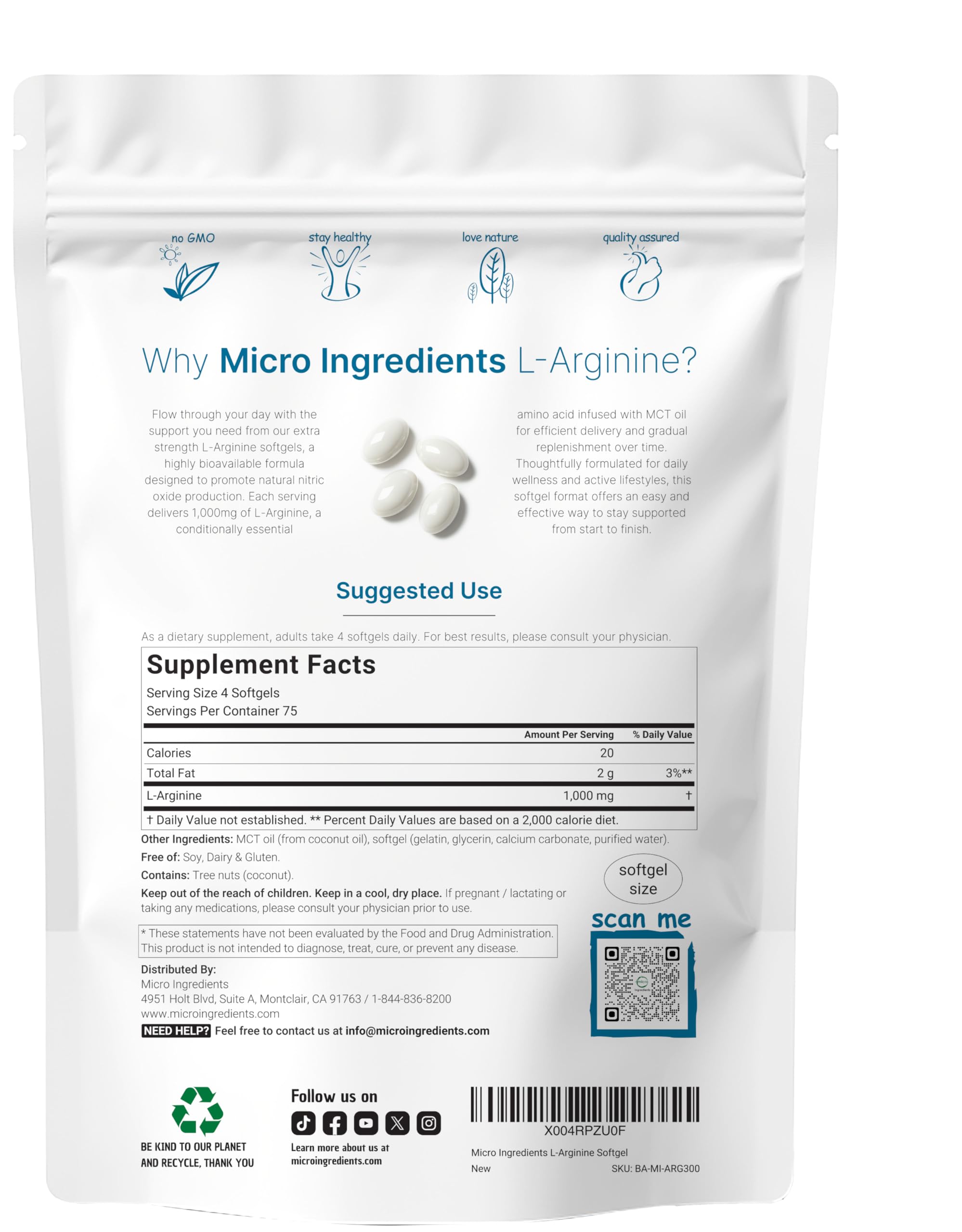 Micro Ingredients L-Arginine 1000mg with MCT Oil, 300 Softgels | Nitric Oxide Precursor* for Men & Women | Extra Strength Amino Acid Formula for Daily Wellness Micro Ingredients buy supplements canada