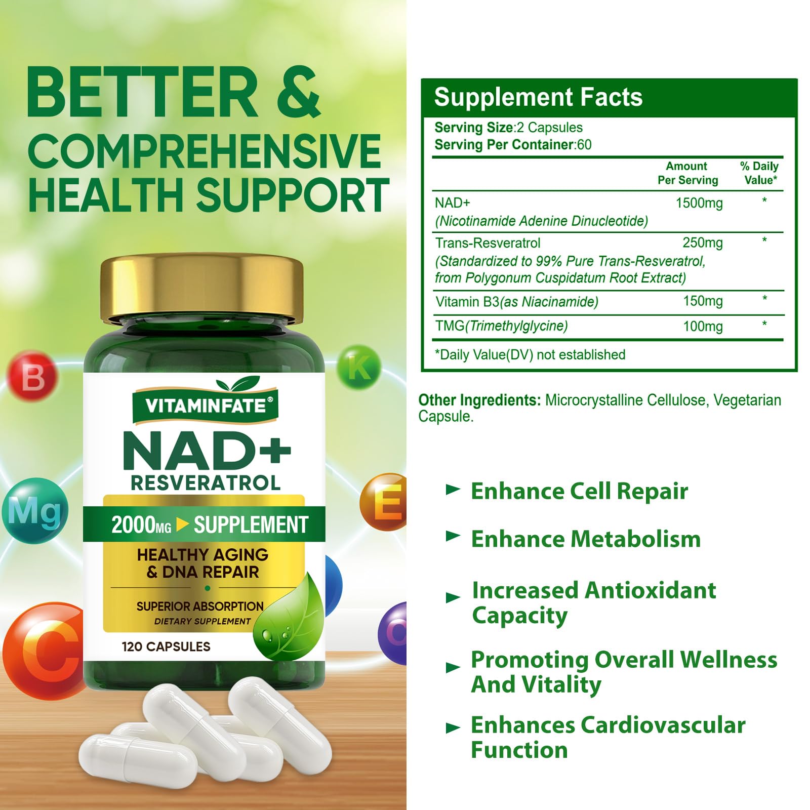 VITAMINFATE NAD+ Supplement 2000 mg - 120 Capsules True NAD+ & Resveratrol, NMN Alternative Supports Anti-Aging, Cellular Energy & Repair, Metabolism & Brain Boost for Men & Women VITAMINFATE buy supplements canada