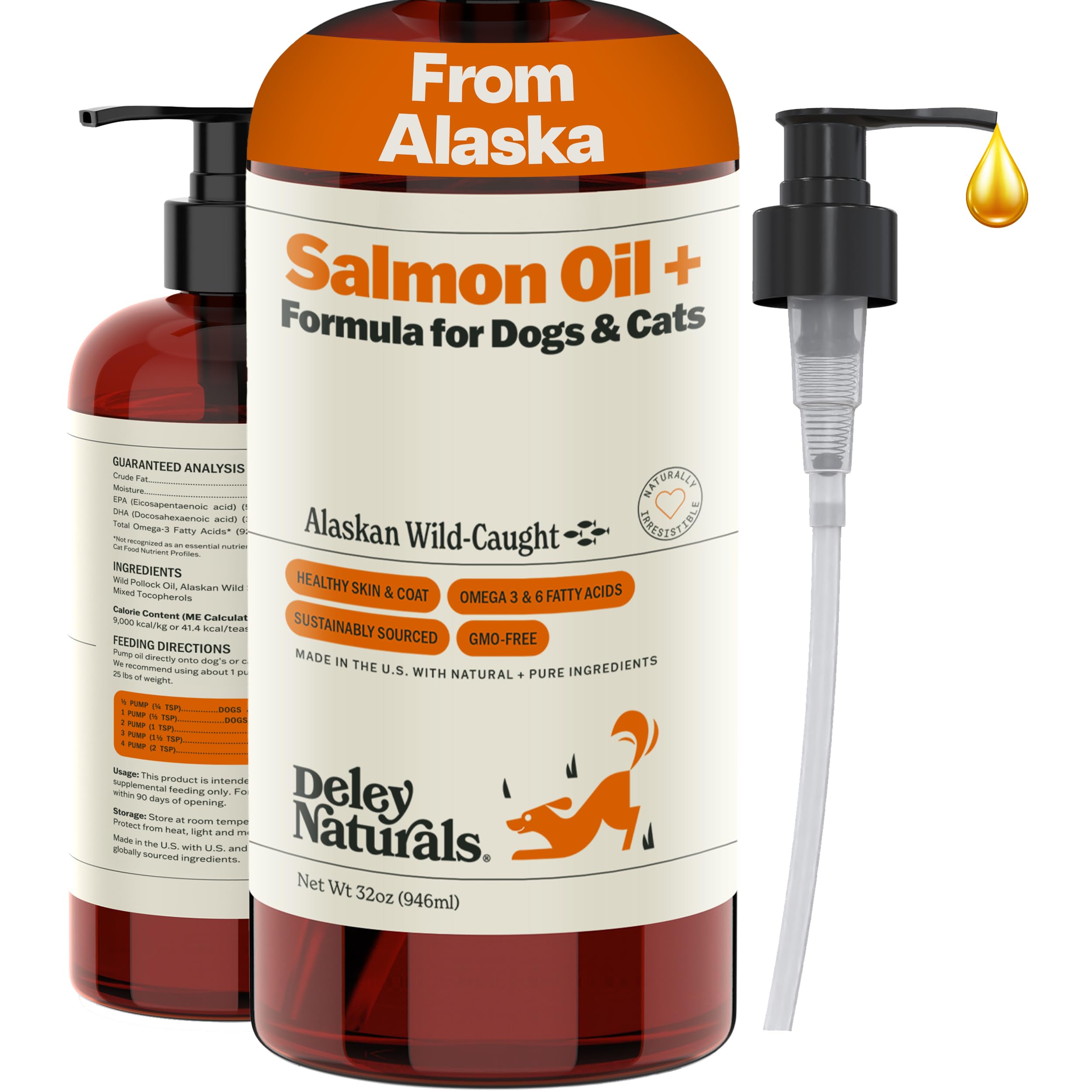 Deley Naturals Wild Alaskan Salmon Oil for Dogs & Cats - New and Improved Salmon Oil Plus Formula - Fish Oil for Dogs with Omega 3, DHA and EPA - Omega 3 for Healthy Skin and Coat - 32oz Made in USA Deley Naturals buy supplements canada