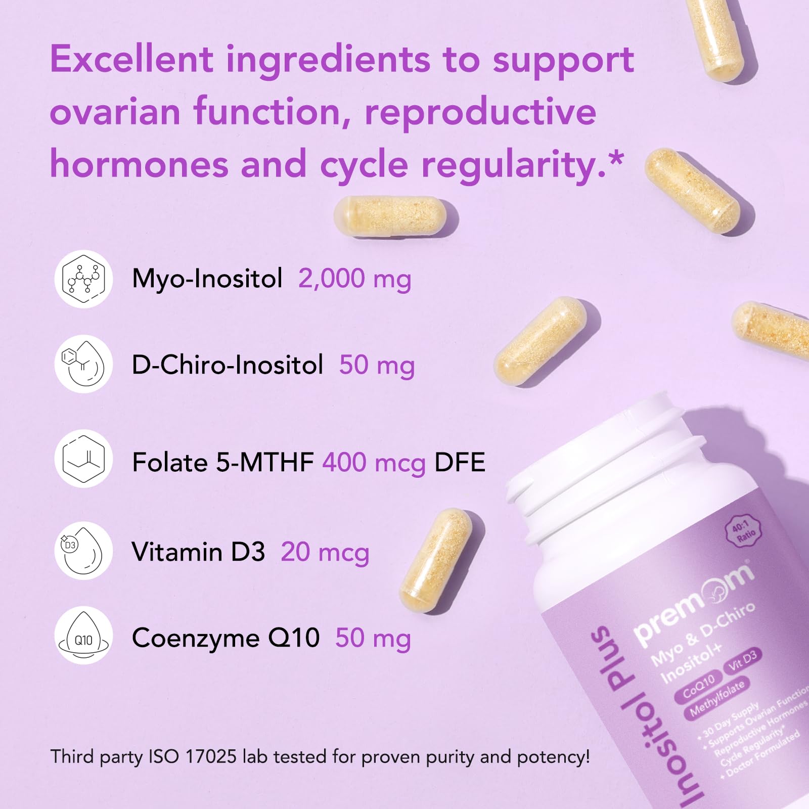 Premom Inositol Plus - 2000mg Myo-Inositol & 50mg D-Chiro Inositol, CoQ10, Folate & Vitamin D3-40:1 Ratio - Supports Hormonal Balance, Ovarian & Reproductive Health - 30 Day Supply Premom buy supplements canada