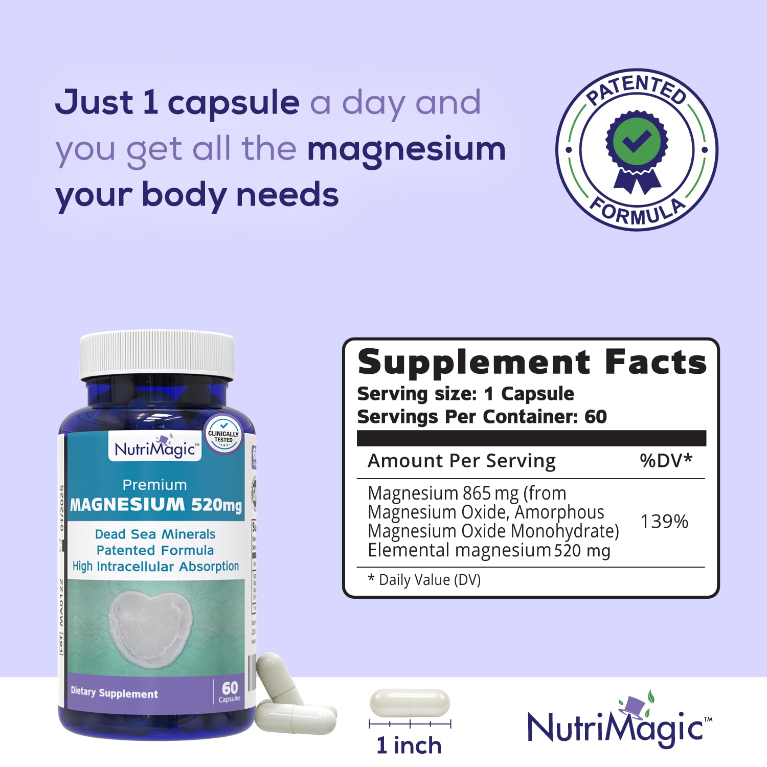 NutriMagic 520mg Patented High Absorption Elemental Magnesium from Oxide, Dead Sea Minerals Complex (1 Bottle, 2-Month Supply (60 Capsules)) NutriMagic buy supplements canada