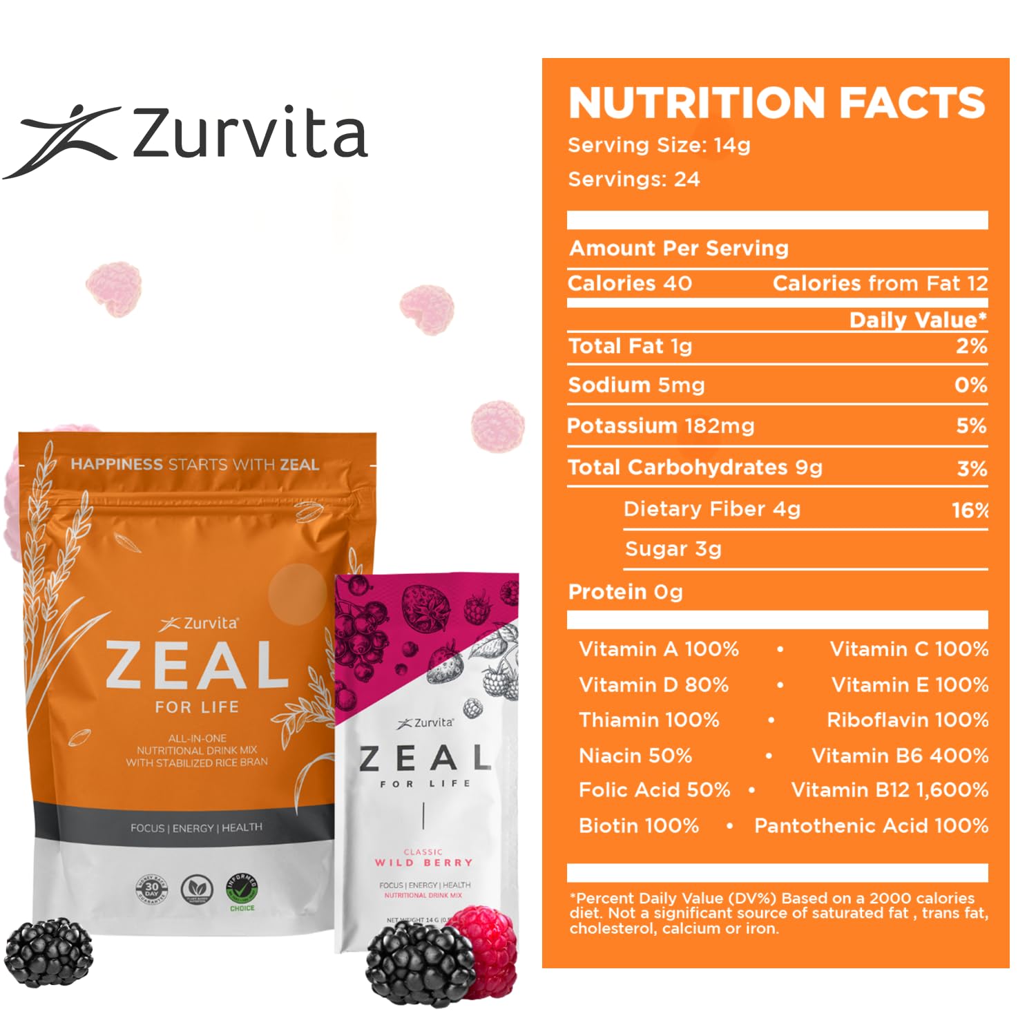 Zurvita - Zeal for Life Wellness Drink Mix - Wild Berry (Classic) Flavor - Gluten-Free, Vegan, with Vitamins and Minerals - 10 Single Packets Zurvita buy supplements canada