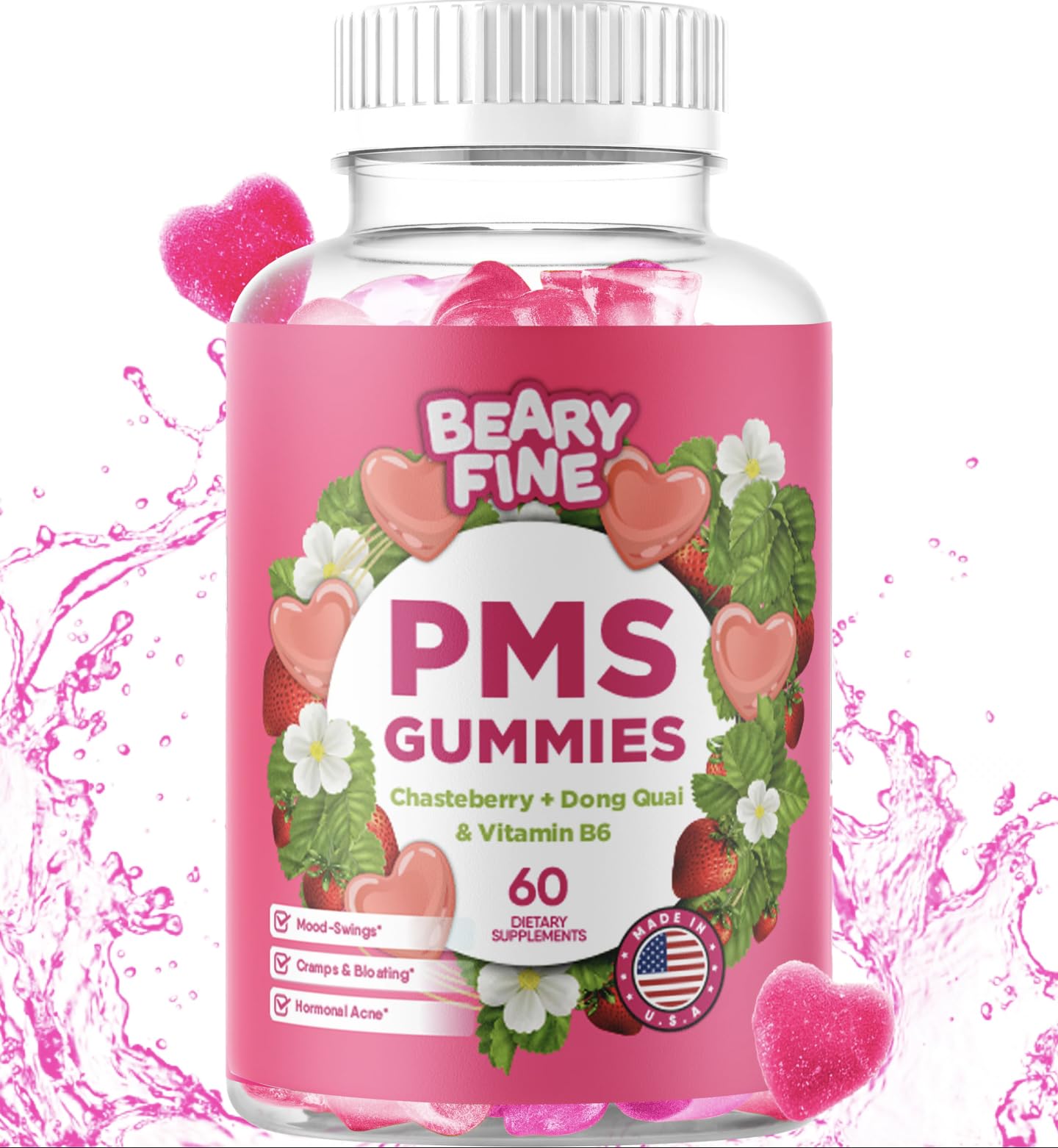 Beary Fine PMS Gummies - PMS Vitamins for Women & Teens - PMS Period Relief - Cramping, Bloating, Mood Swings - Made in The USA (Strawberry, 60 Count) Beary Fine buy supplements canada